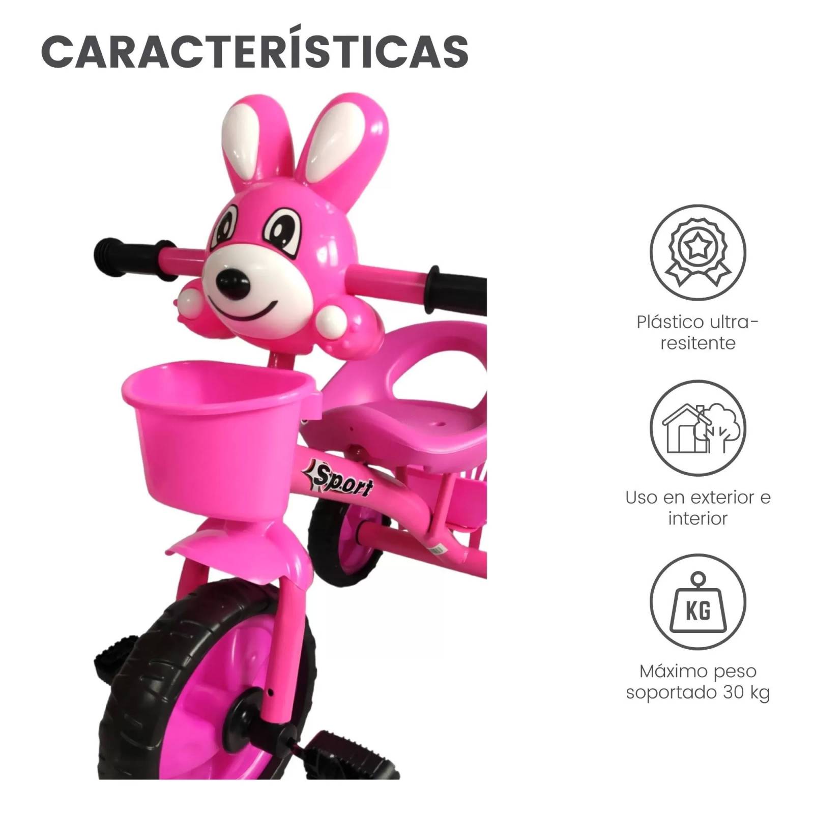 Triciclo para Niños Infantil con Canasto con Luz y Sonido Conejo  - Rosa.
