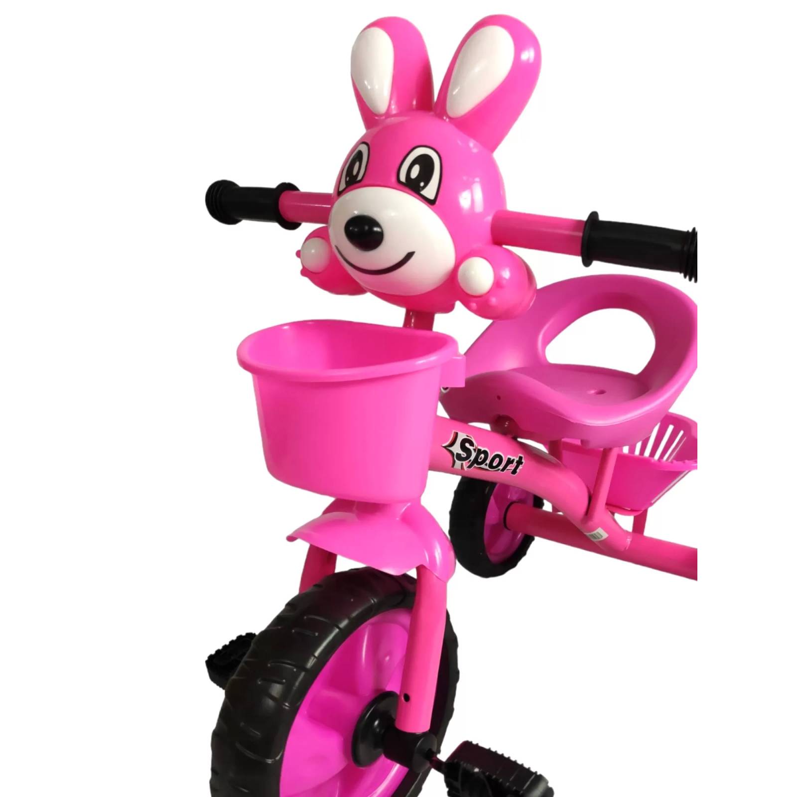 Triciclo para Niños Infantil con Canasto con Luz y Sonido Conejo  - Rosa.