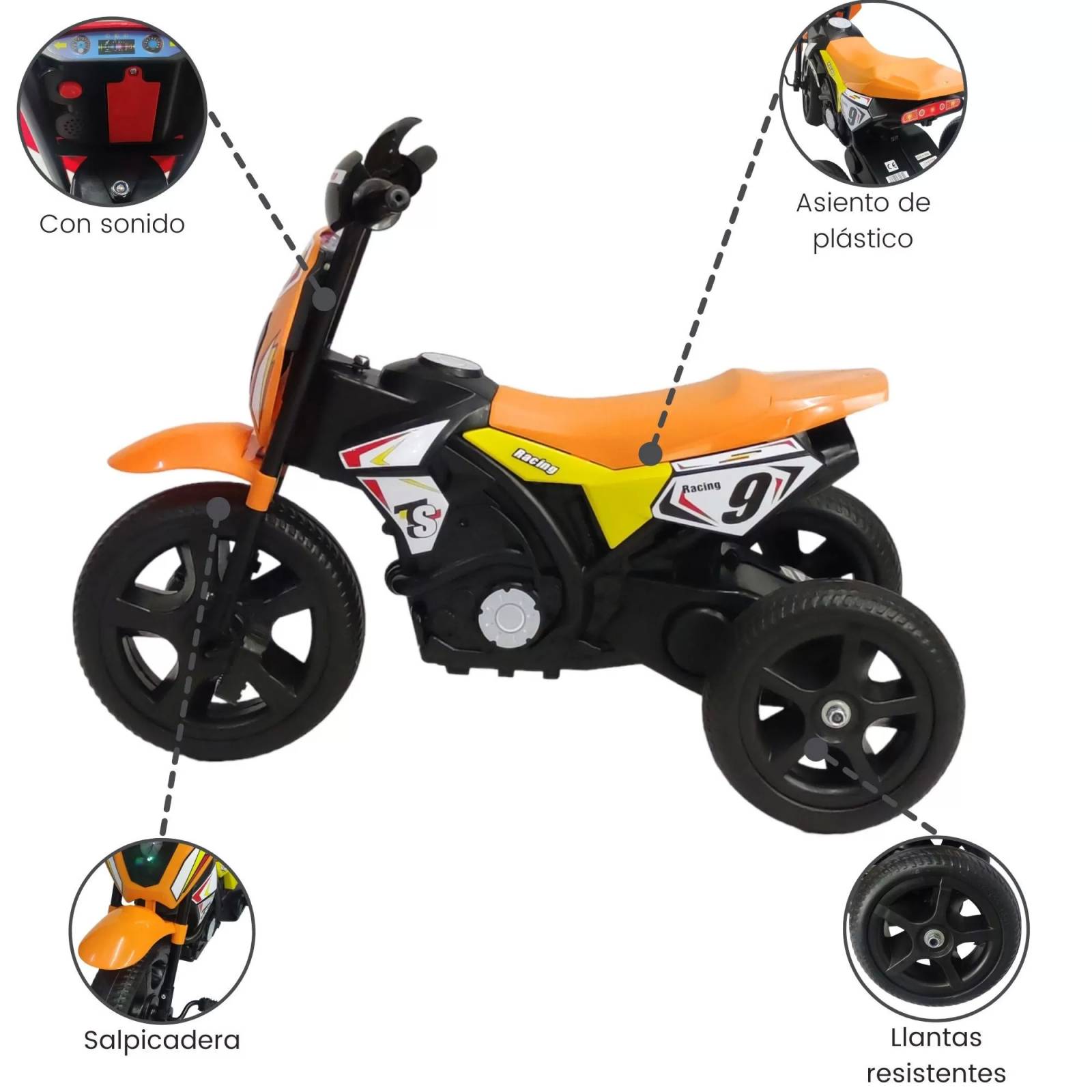 Triciclo para Niños con Tipo Moto con Luz y Sonido - Naranja
