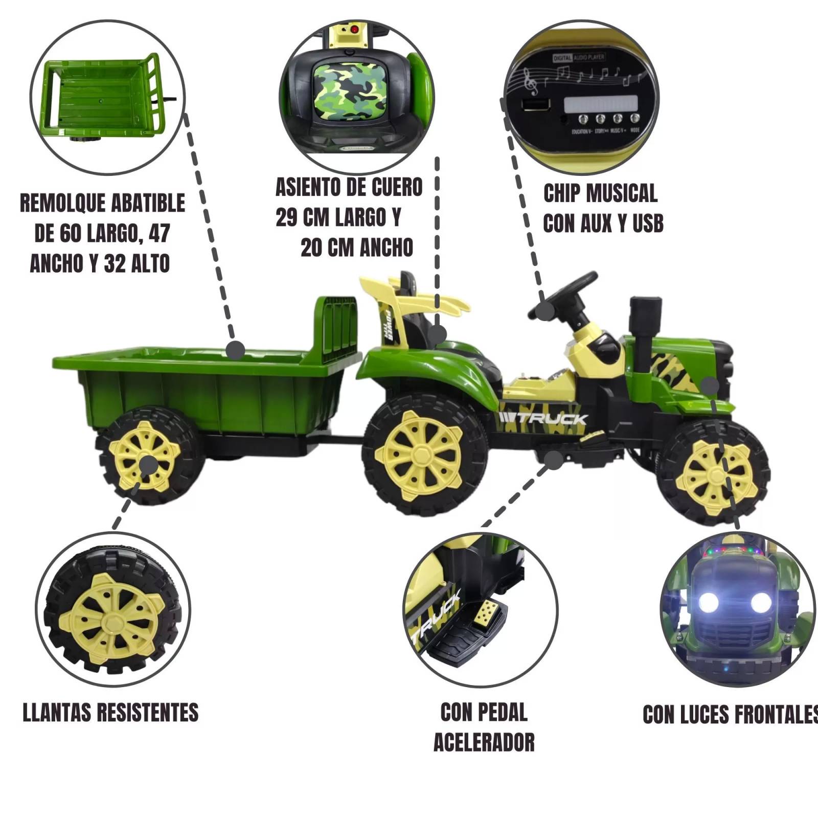 Tractor Montable Electrico con Remolque Control Remoto  - Verde.