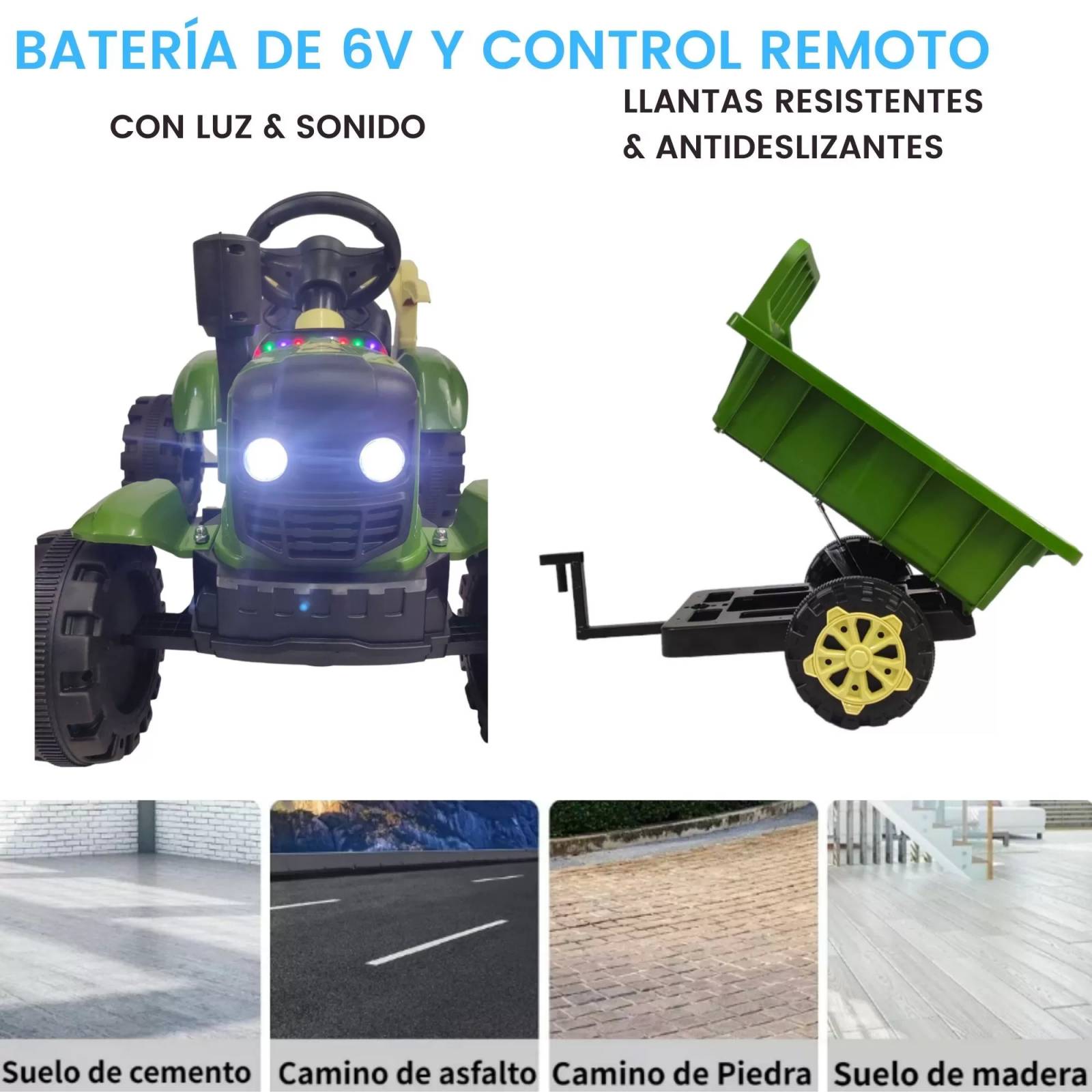 Tractor Montable Electrico con Remolque Control Remoto  - Verde.