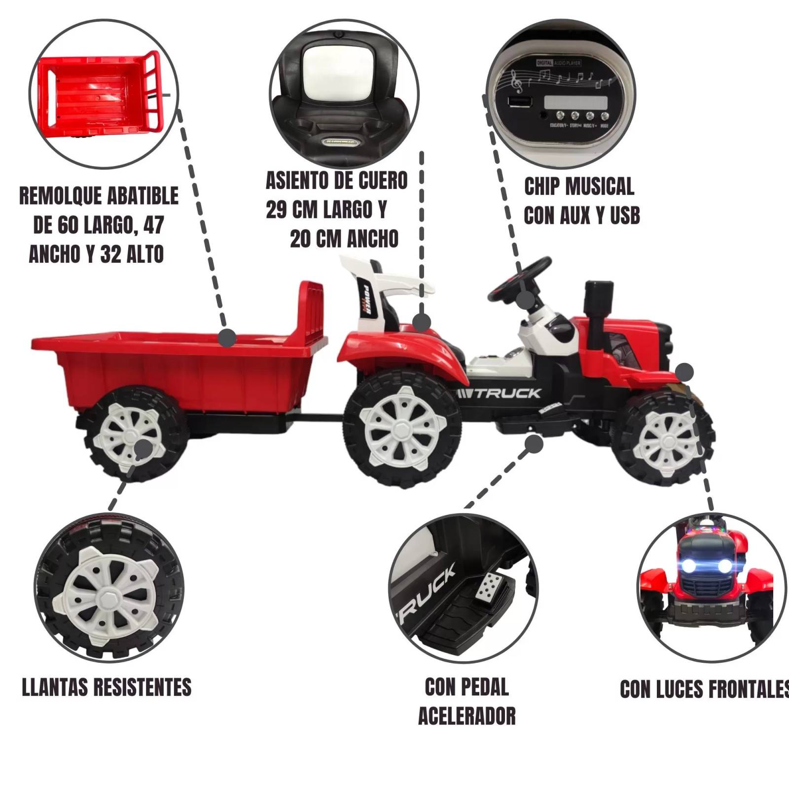 Tractor Montable Electrico con Remolque Control Remoto  - Rojo.