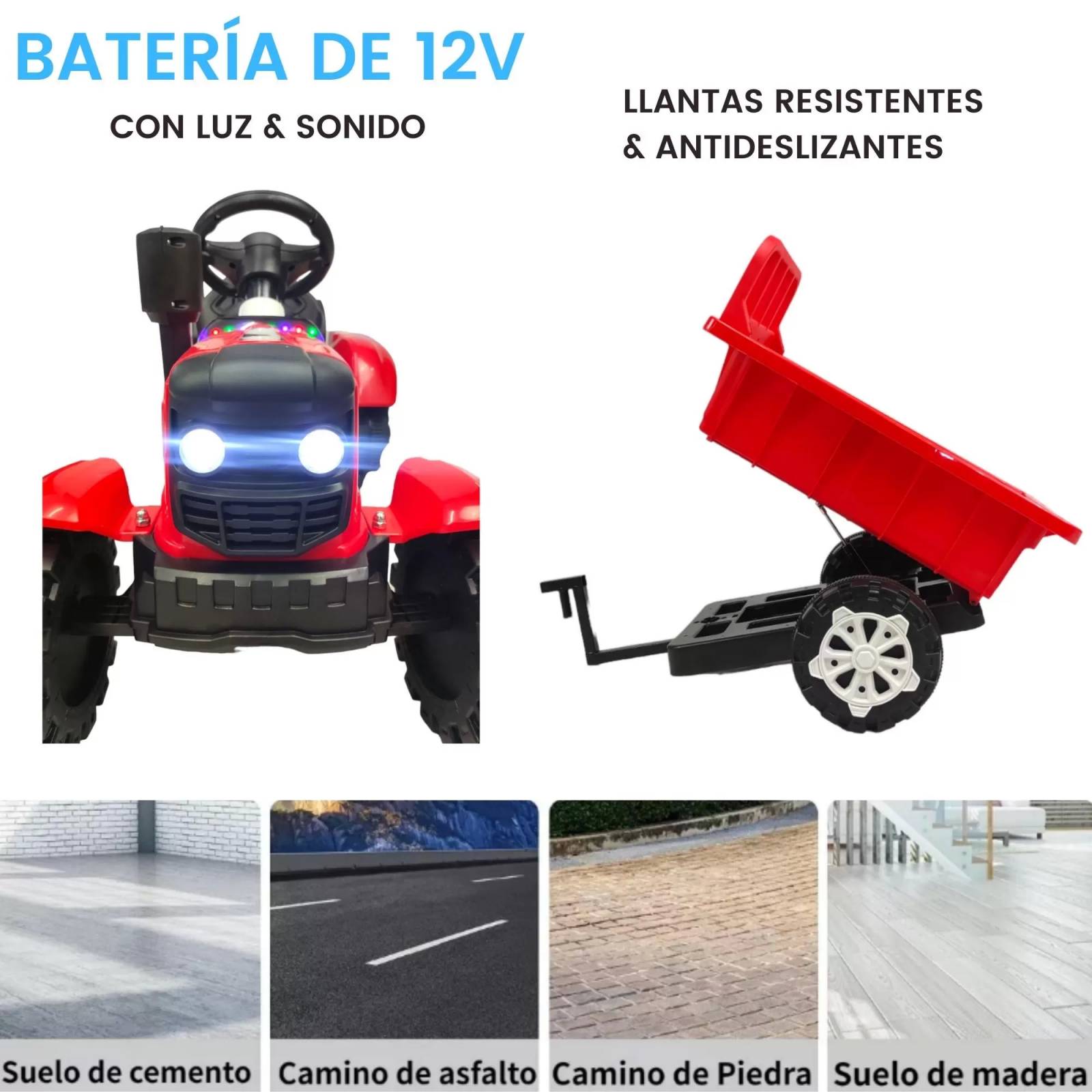 Tractor Montable Electrico con Remolque Luz AUX km/hr Rojo