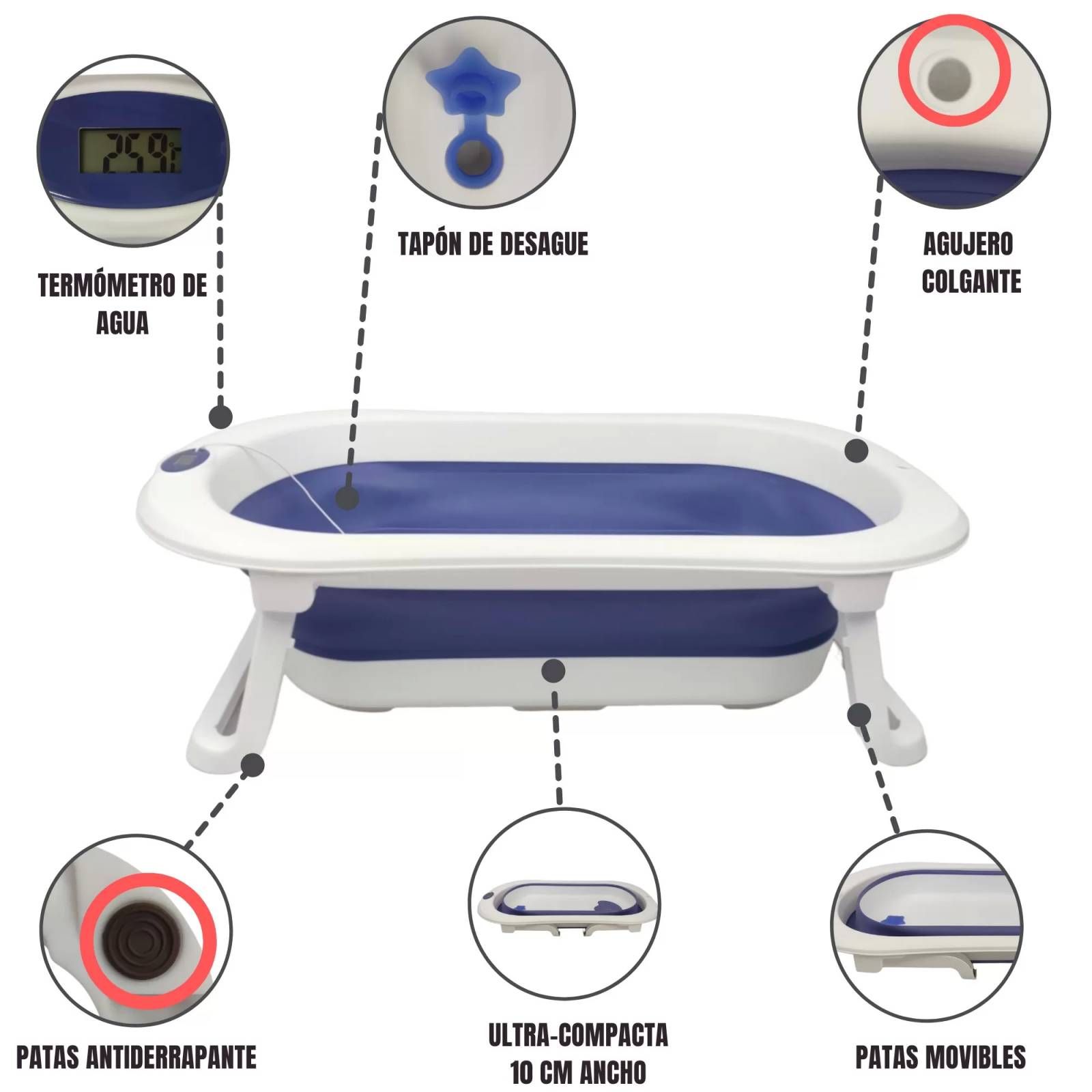 Bañera para Bebe Tina de Baño Plegable y Compacta Termometro - Azul