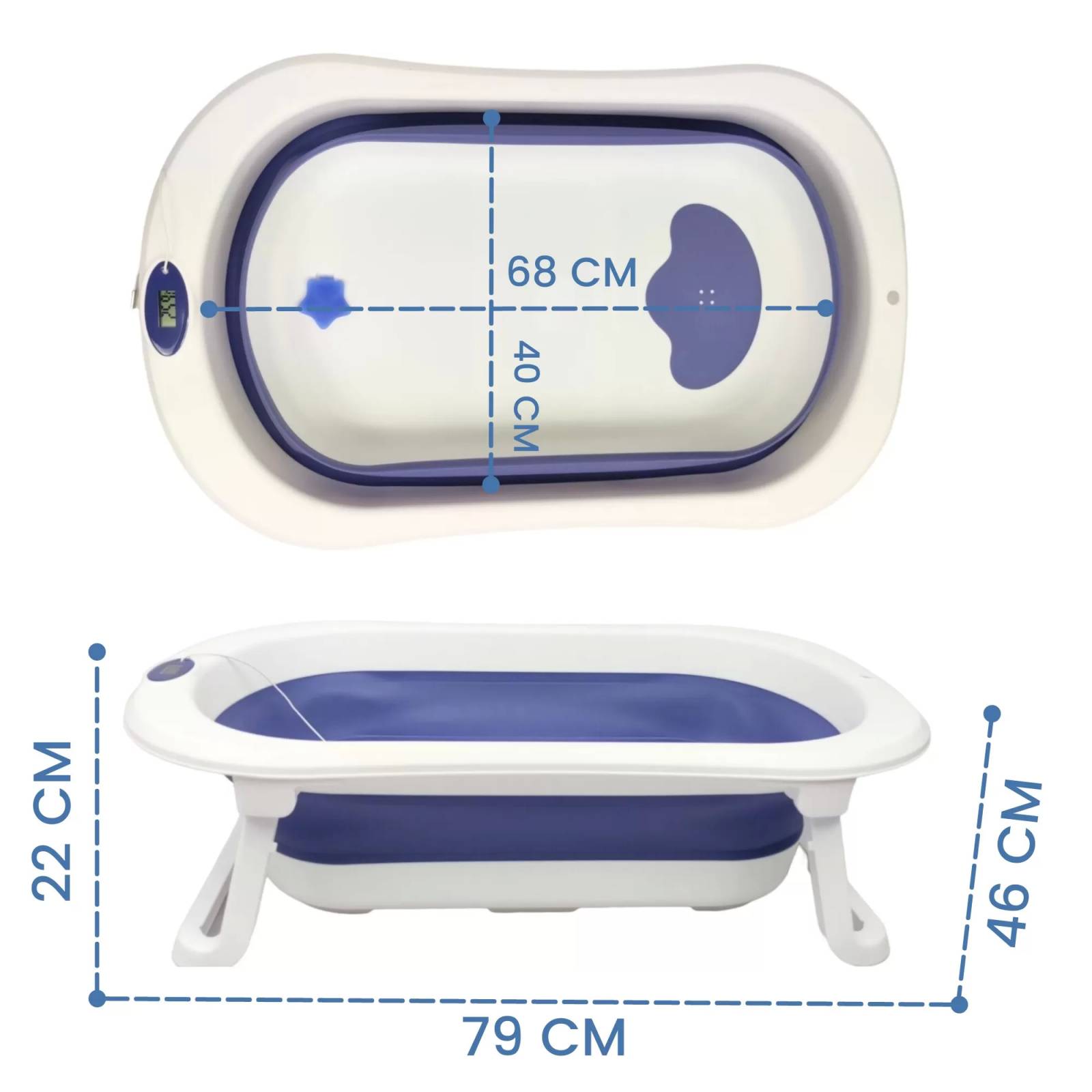 Bañera para Bebe Tina de Baño Plegable y Compacta Termometro - Azul