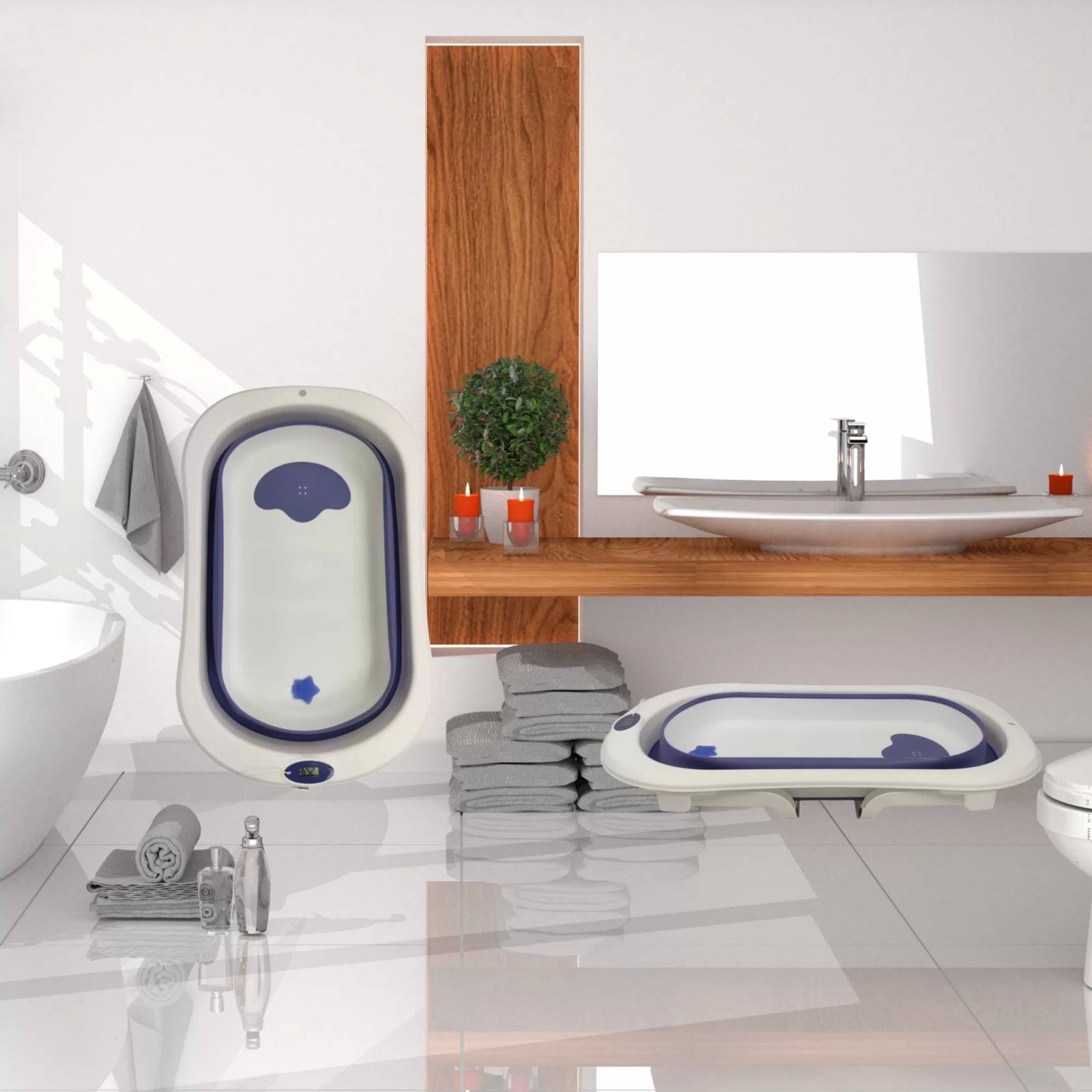 Bañera para Bebe Tina de Baño Plegable y Compacta Termometro - Azul
