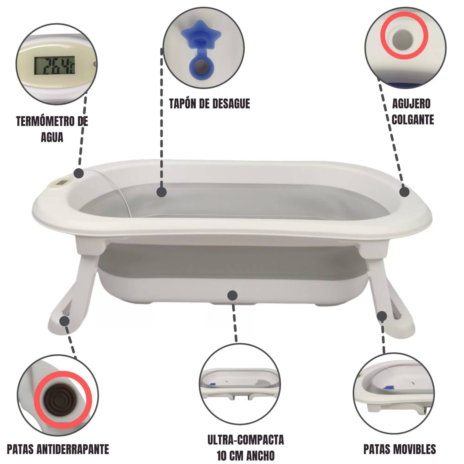 Bañera para Bebe Tina de Baño Plegable y Compacta Termometro - Gris