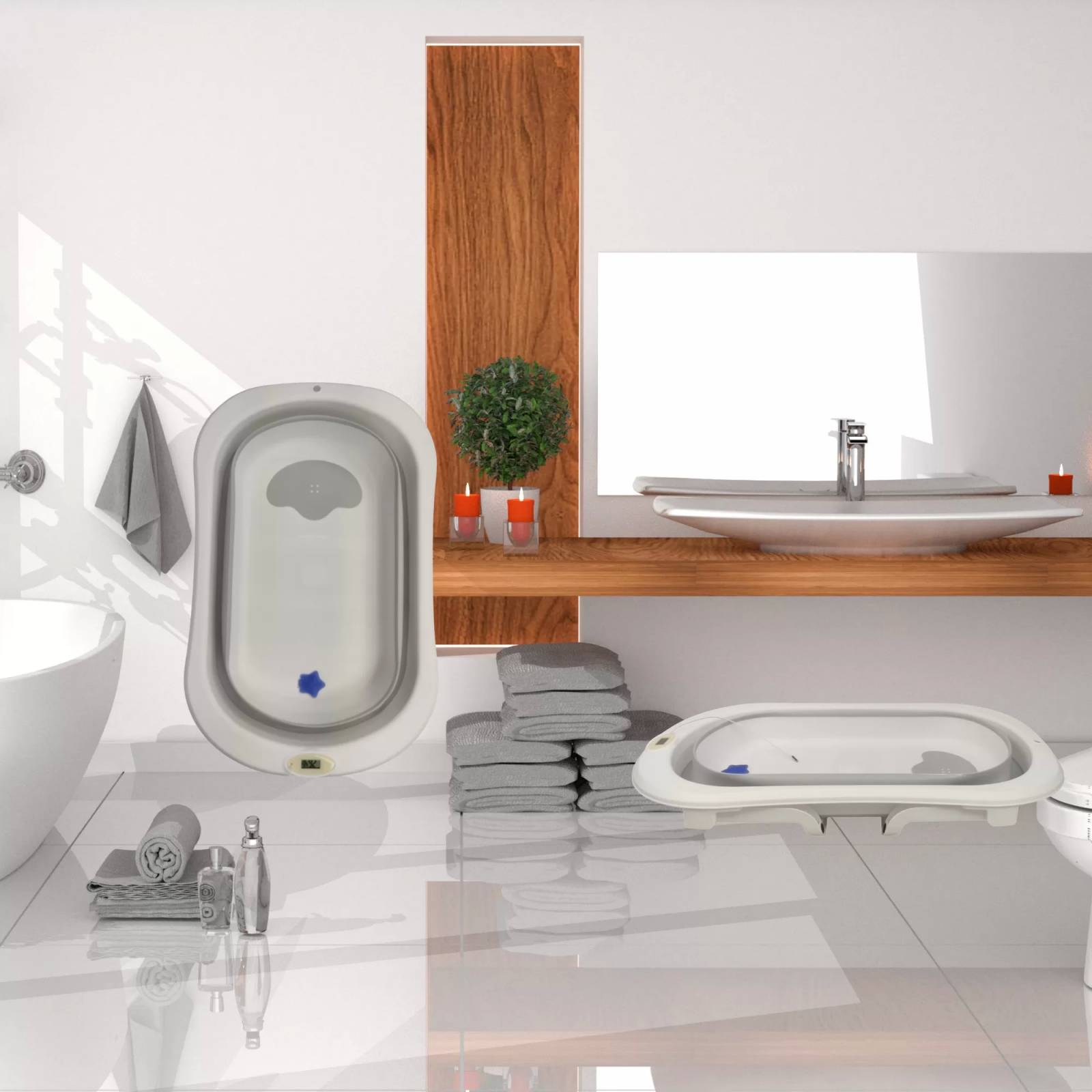 Bañera para Bebe Tina de Baño Plegable y Compacta Termometro - Gris