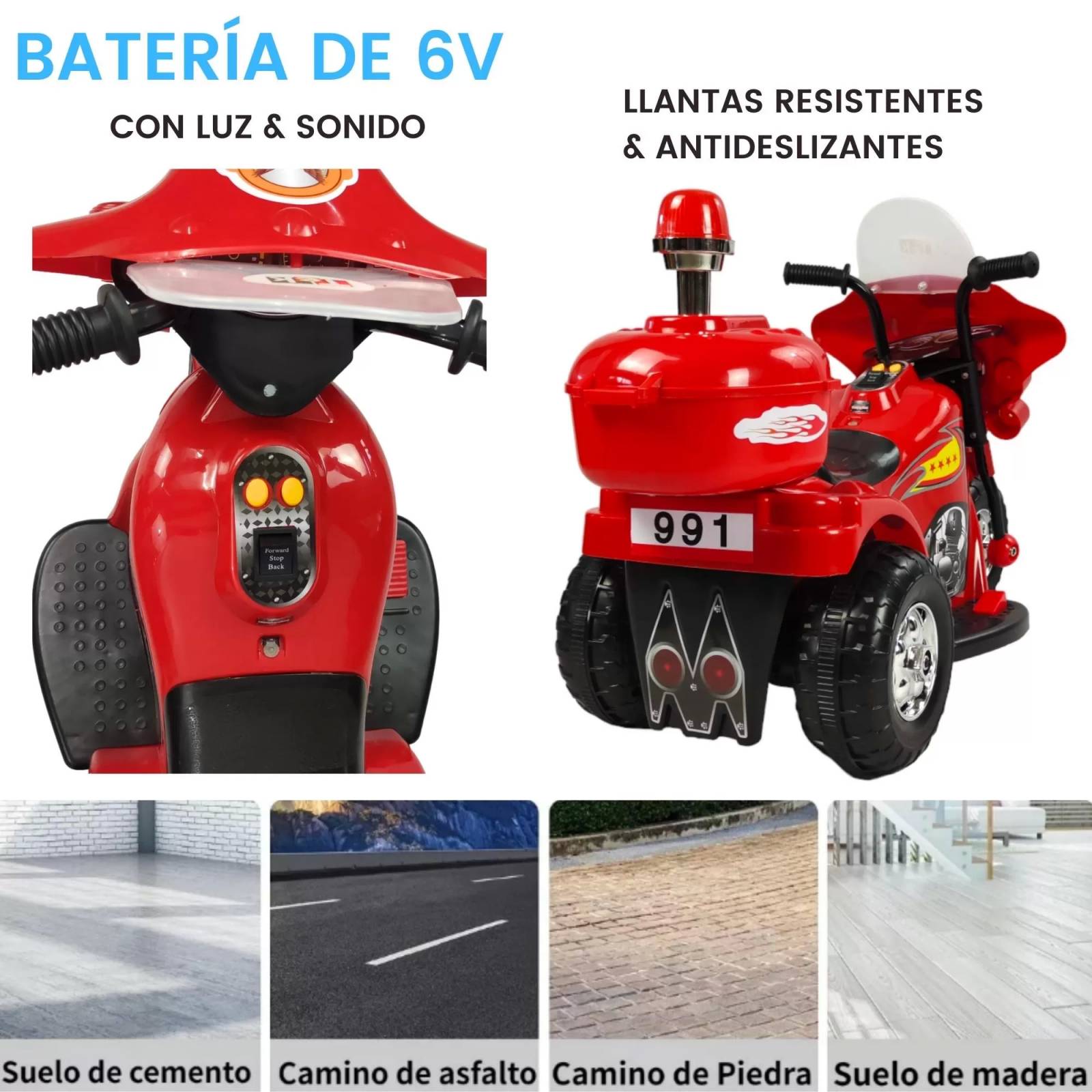 Motocicleta Montable Electrica Pequeña Sonido Luz LED 6v  - Rojo.