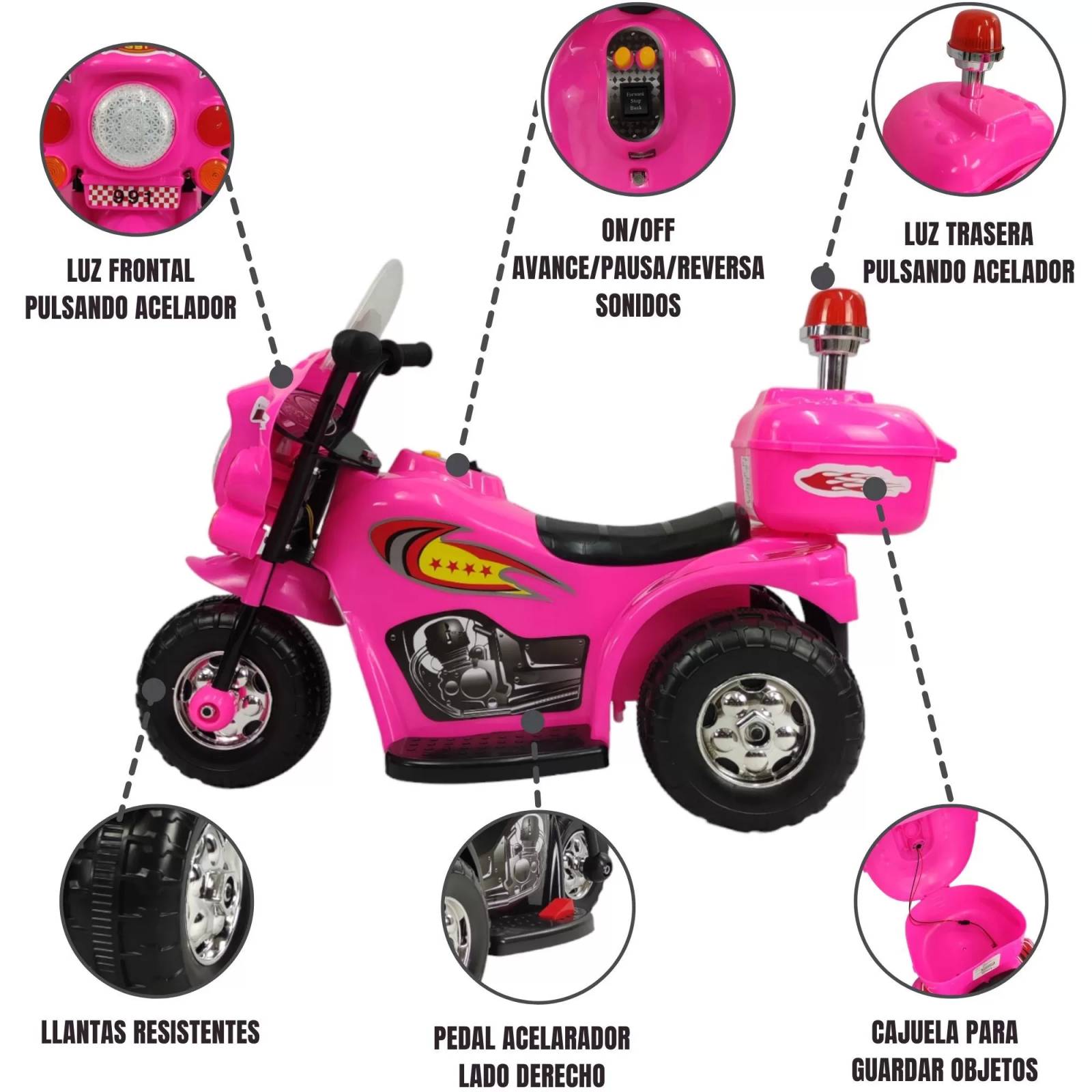 Motocicleta Montable Electrica Pequeña Sonido Luz LED 6v - Rosa.