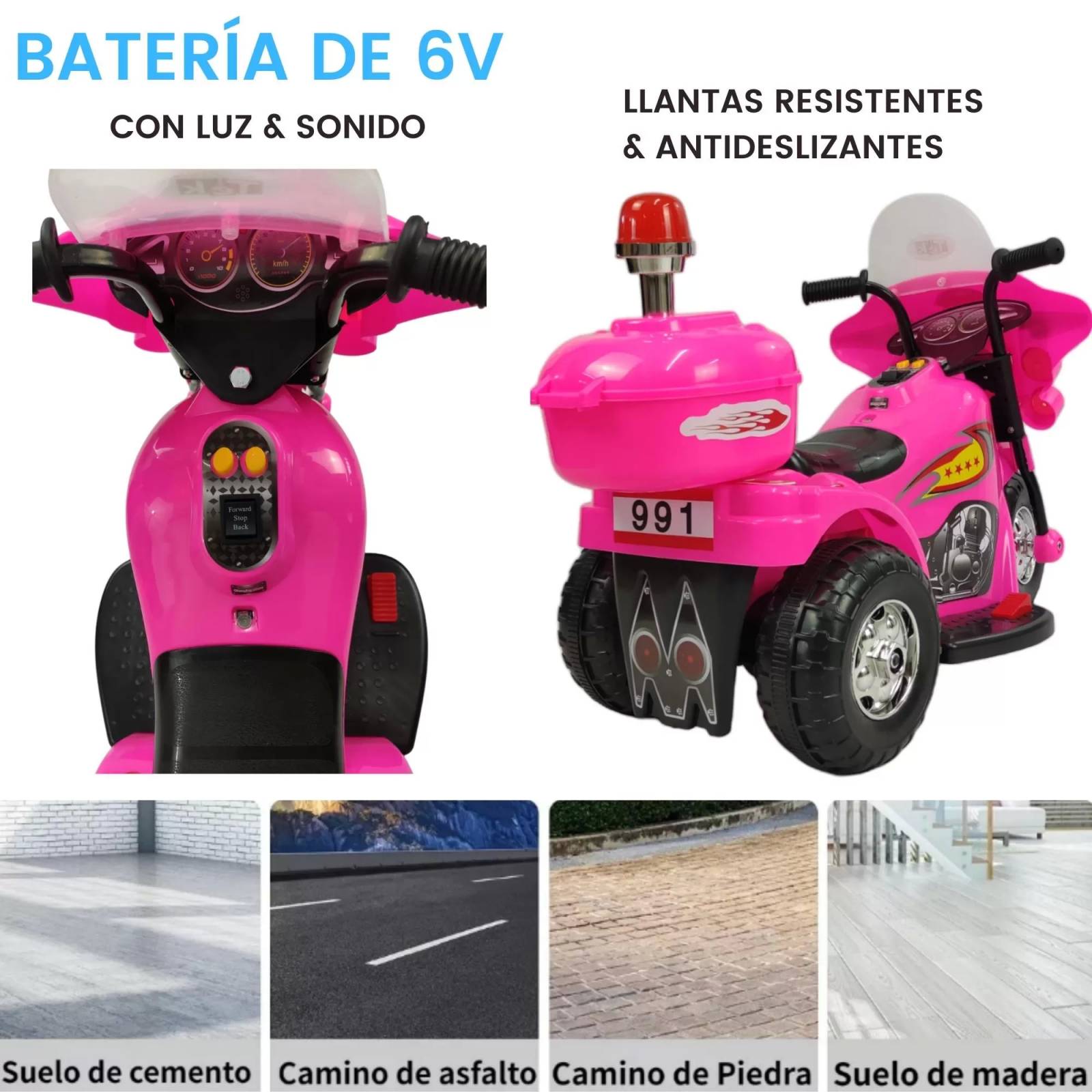 Motocicleta Montable Electrica Pequeña Sonido Luz LED 6v - Rosa.