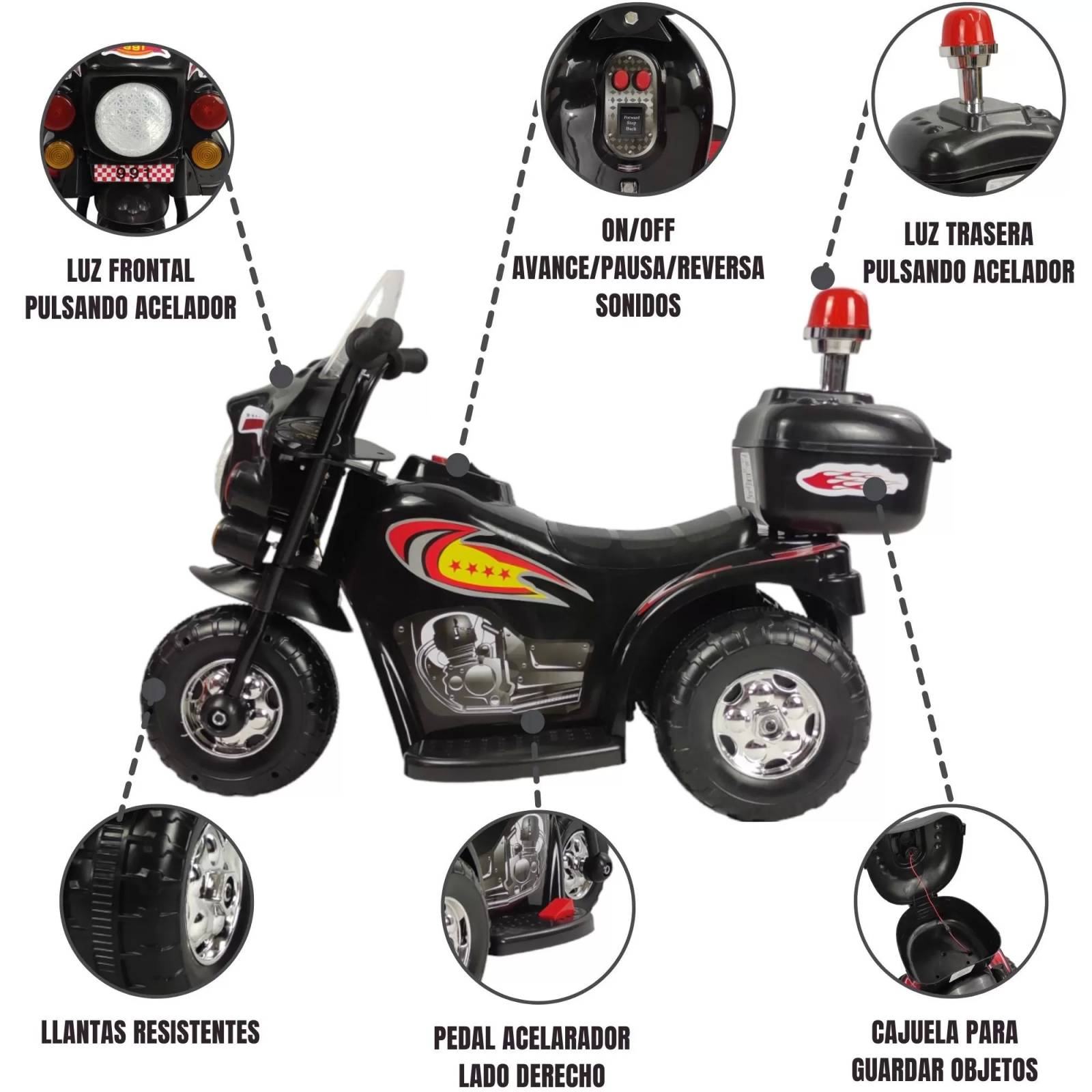 Motocicleta Montable Electrica Pequeña Sonido Luz LED 6v  - Negro.