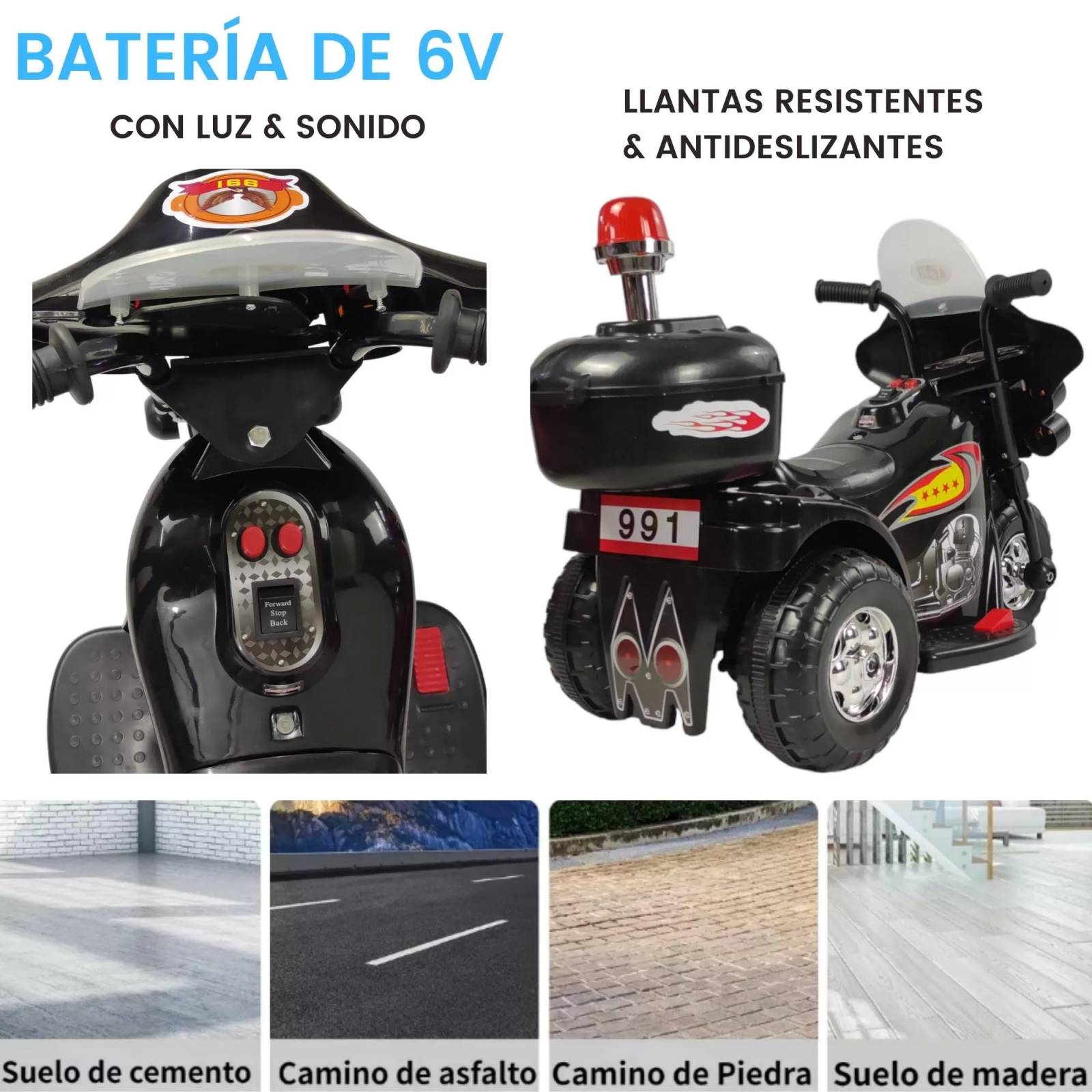 Motocicleta Montable Electrica Pequeña Sonido Luz LED 6v  - Negro.