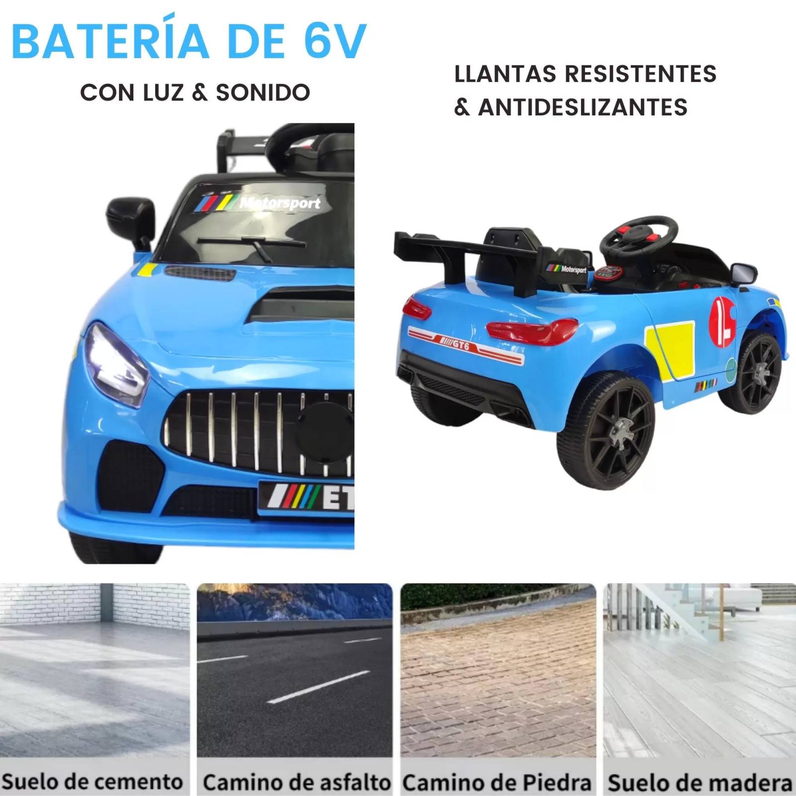 Montable Electrico Control Remoto 6v 90cm largo Luz y Sonido - Azul.