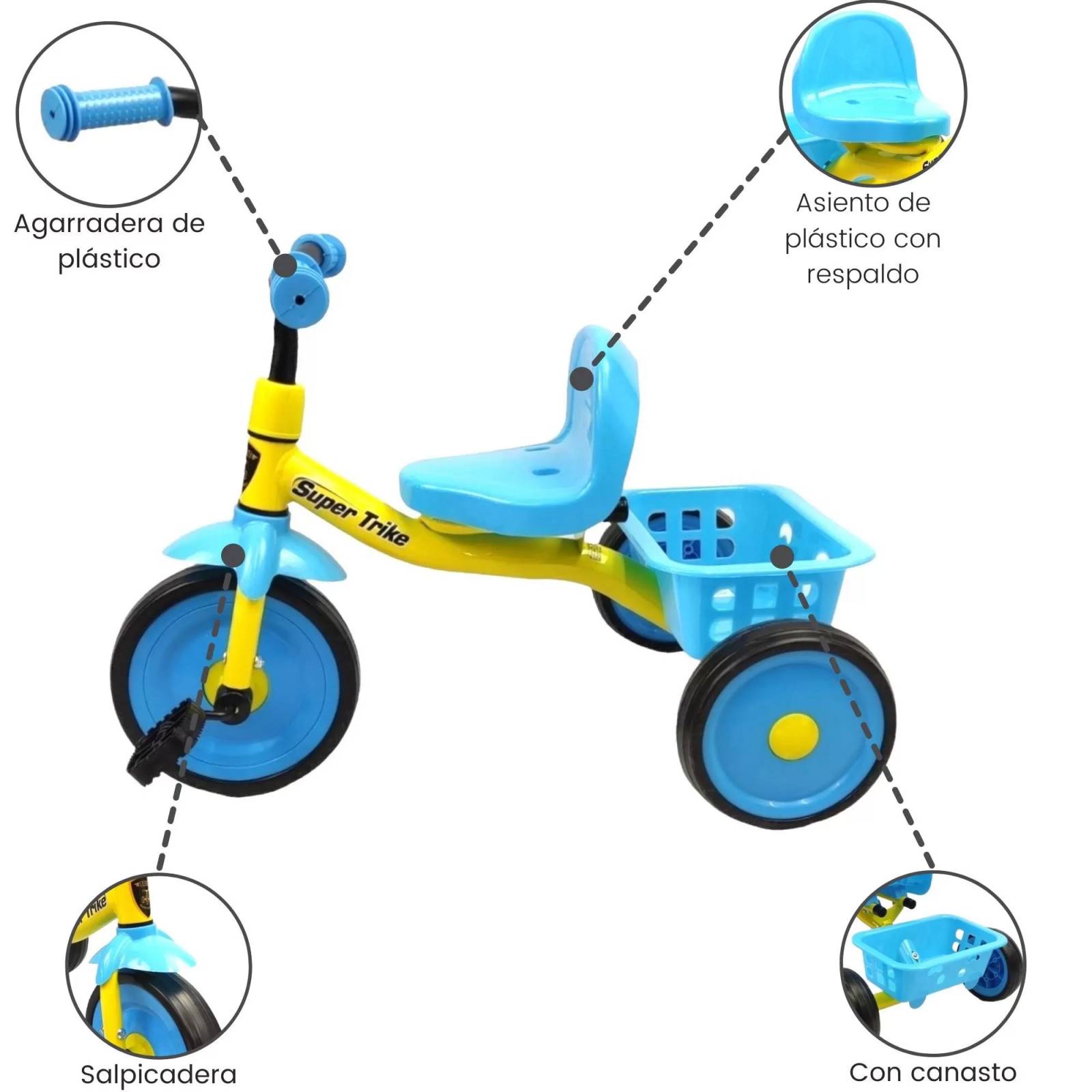 Triciclo para Niños con Canasto Salpicadera de 2 a 4 años  - Azul.
