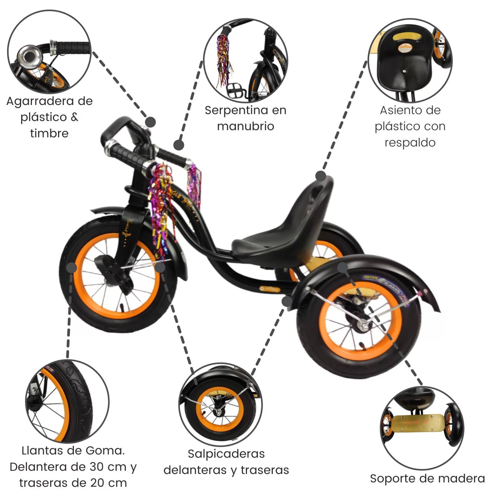 Triciclo para Niños Infantil con Llantas de Aire Vintage Timbre  - Negro