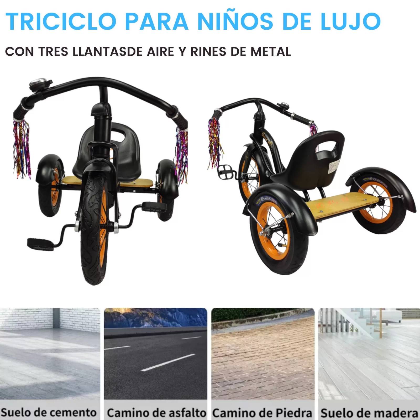 Triciclo para Niños Infantil con Llantas de Aire Vintage Timbre  - Negro