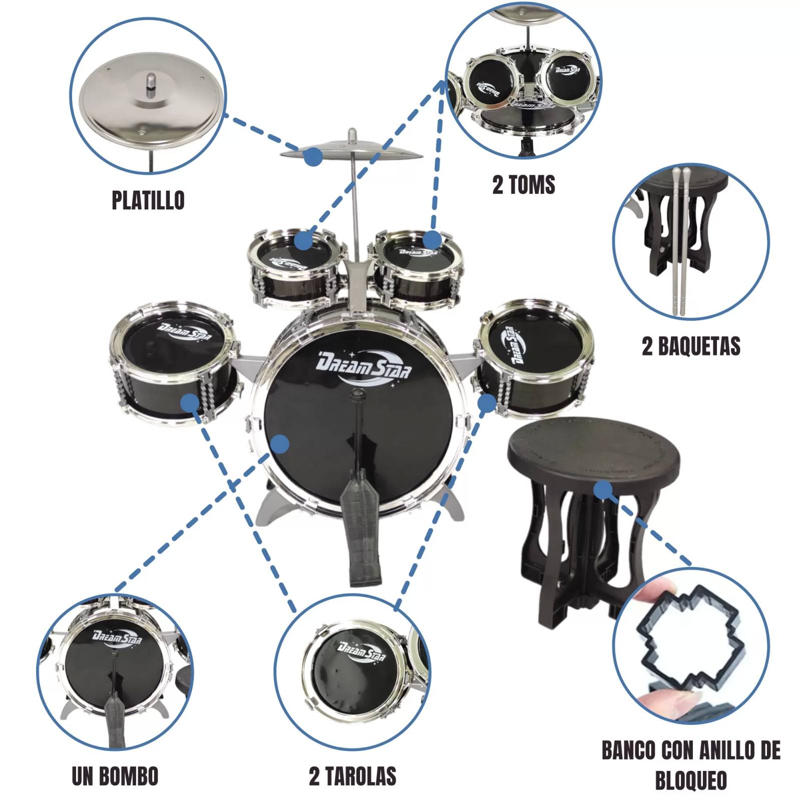 Bateria Musical para Niños con Banqueta Platillo 7pz - Negro