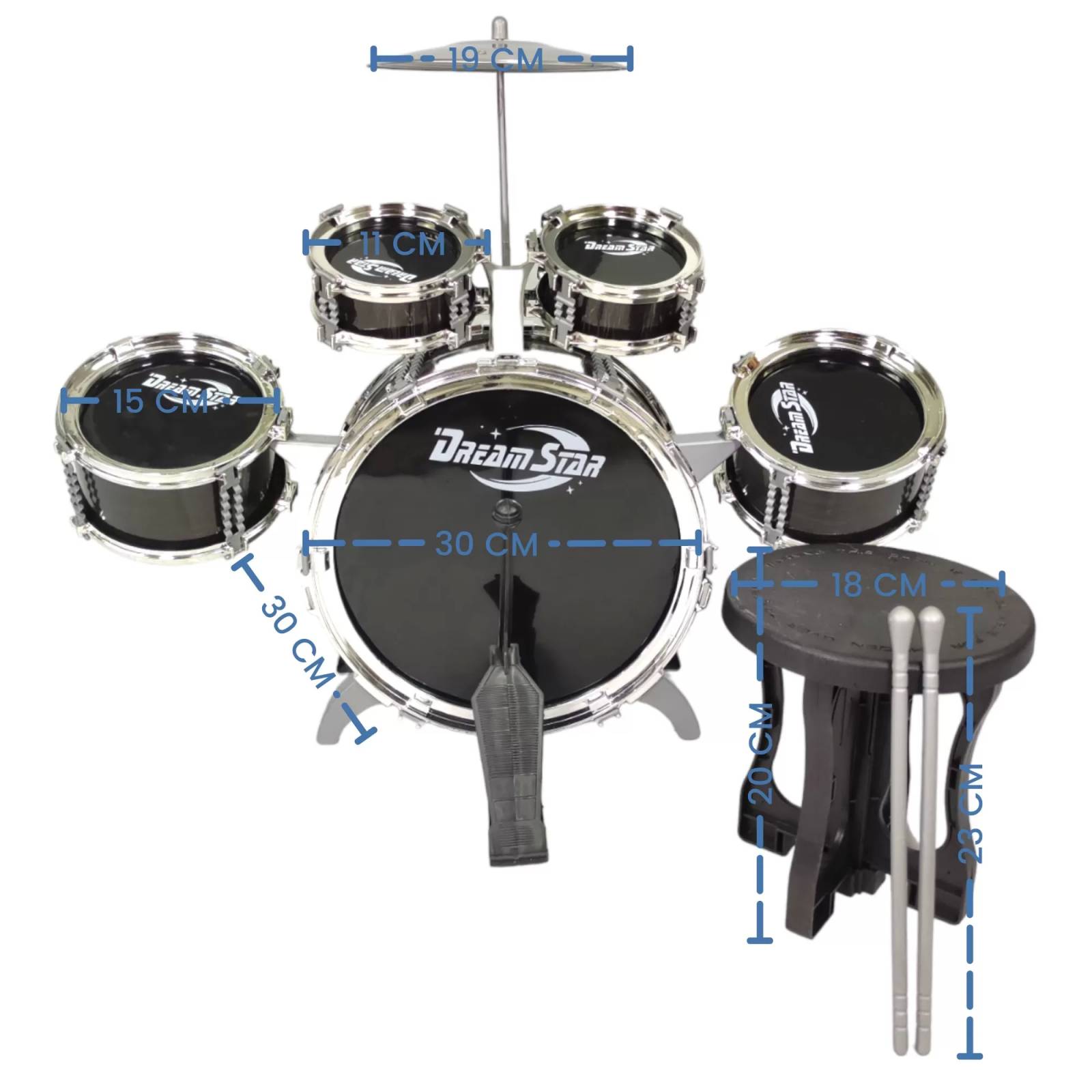 Bateria Musical para Niños con Banqueta Platillo 7pz - Negro