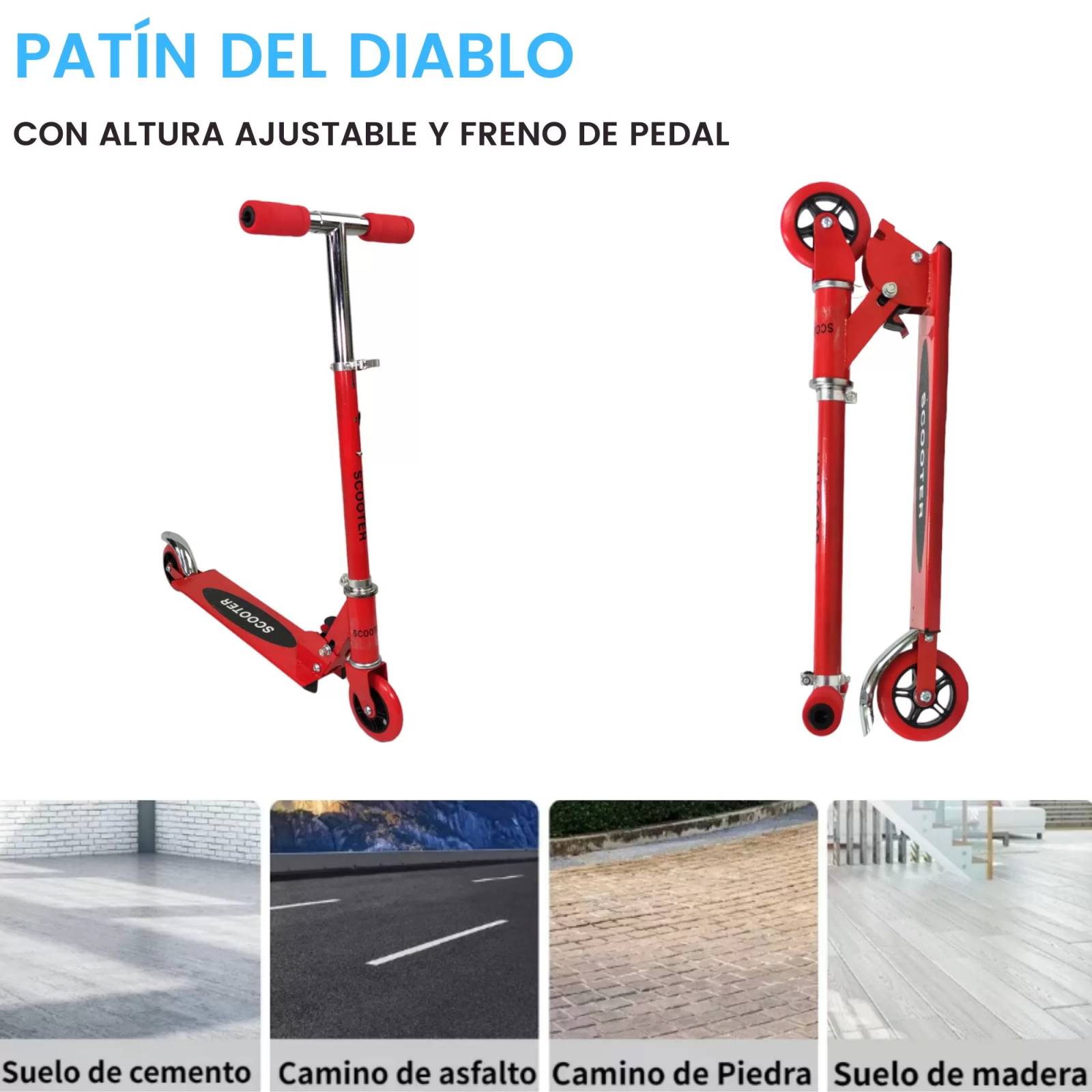 Patin del Diablo Scooter de Dos Llantas Plegable y Resistente  - Rojo