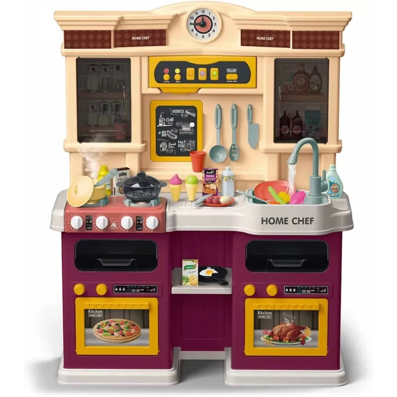 Cocina de Juguete para Niños 85pz Sonido,Agua,Vapor,Luz,Micro Hornito  - Violeta.