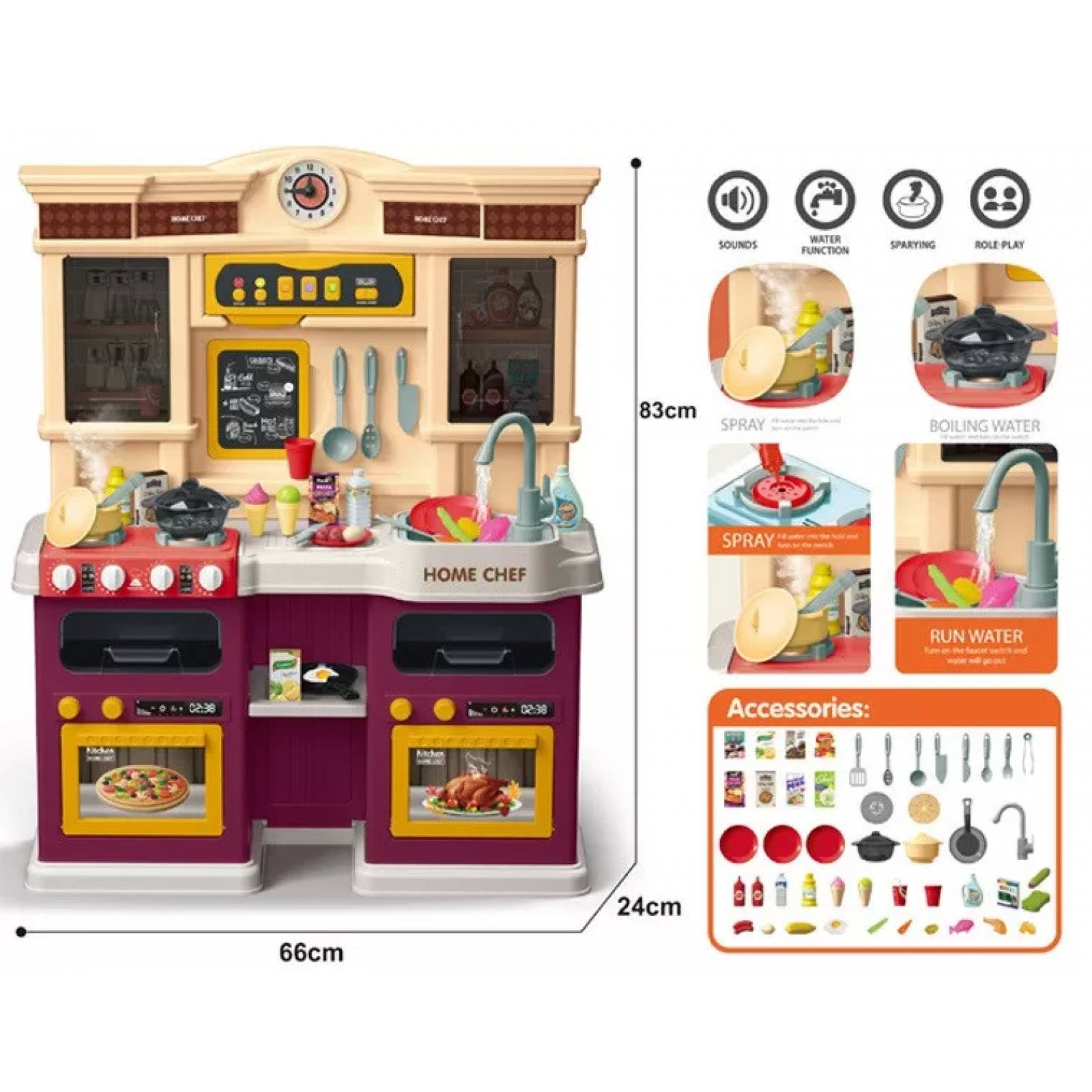 Cocina de Juguete para Niños 85pz Sonido,Agua,Vapor,Luz,Micro Hornito  - Violeta.