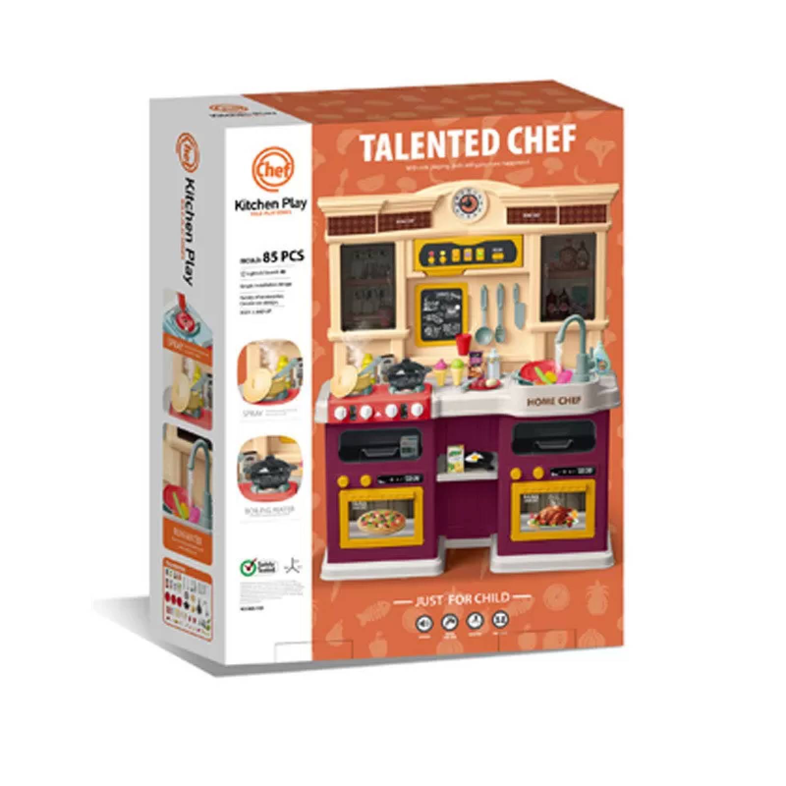 Cocina de Juguete para Niños 85pz Sonido,Agua,Vapor,Luz,Micro Hornito  - Violeta.