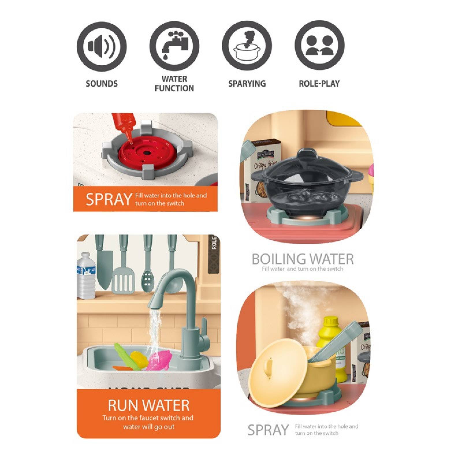 Cocina de Juguete para Niños 85pz Sonido,Agua,Vapor,Luz,Micro Hornito  - Violeta.