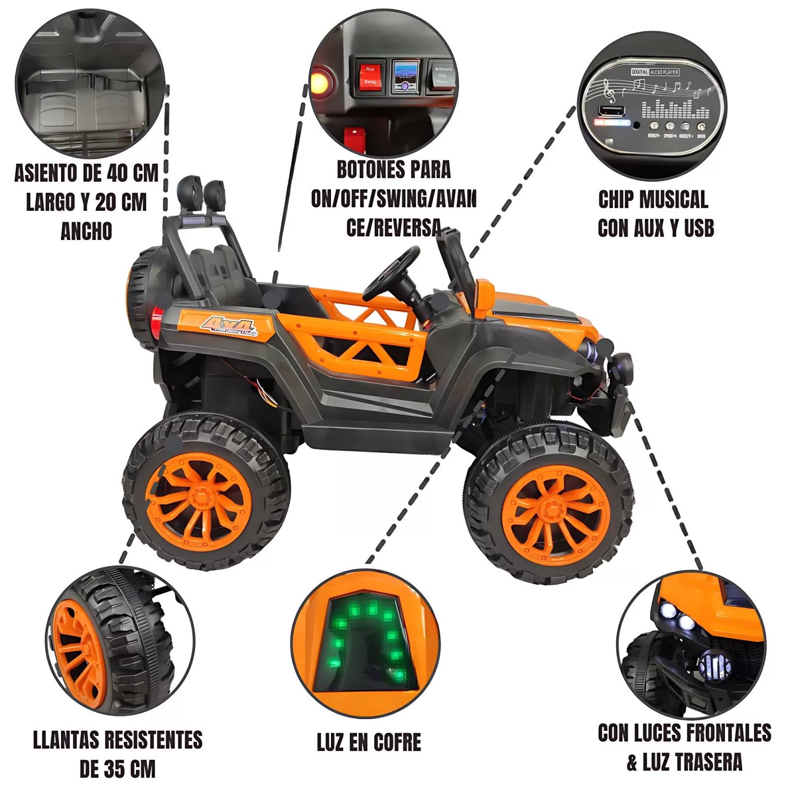 Carro Montable Electrico con Control Remoto MP3 USB 12V Luz  - Naranja