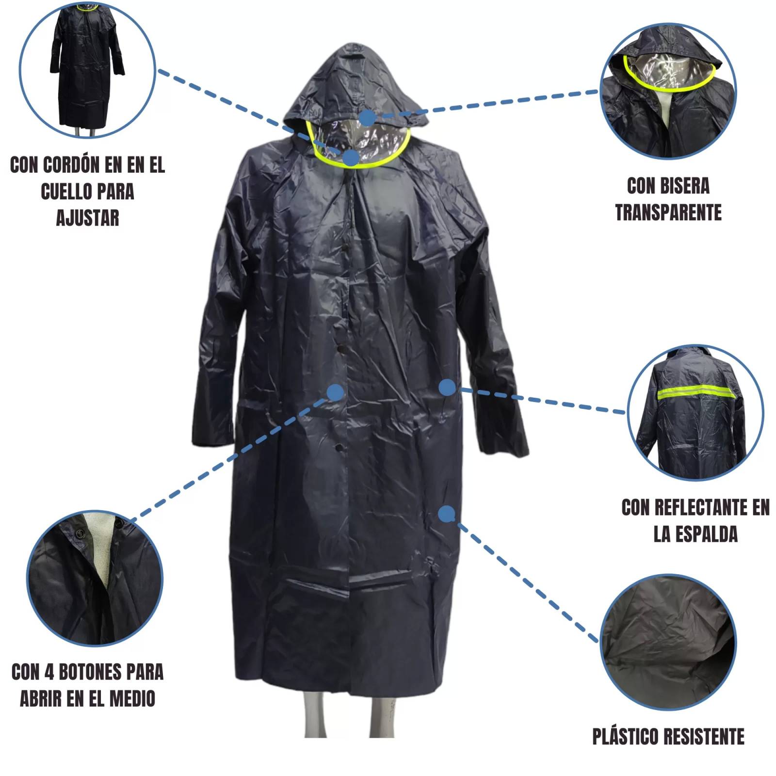 Capa Impermeable con Visera Gabardina para Lluvia Reflectante  - Azul