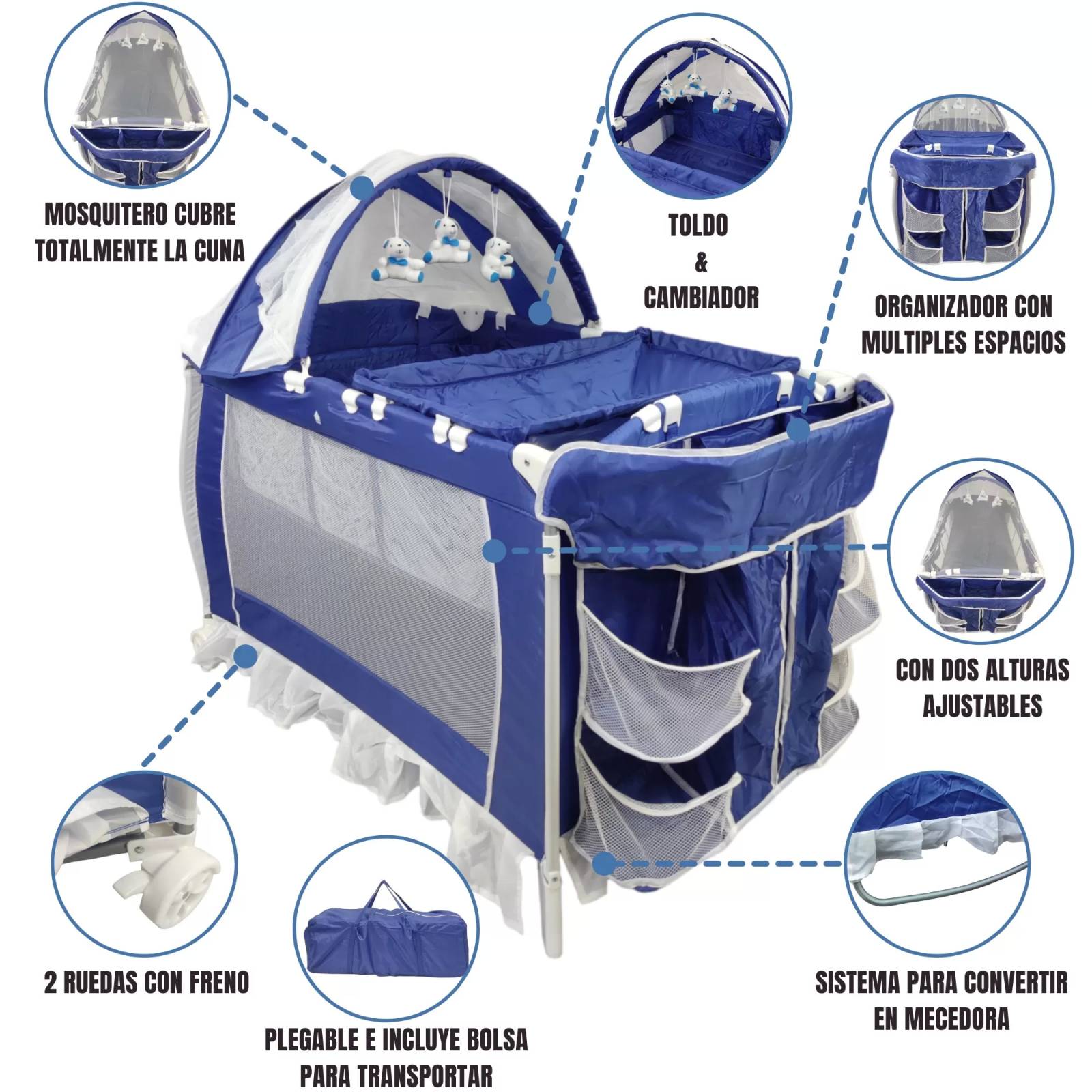 Cuna Corral para Bebe Plegable,Cambiador,Organizador  - Azul