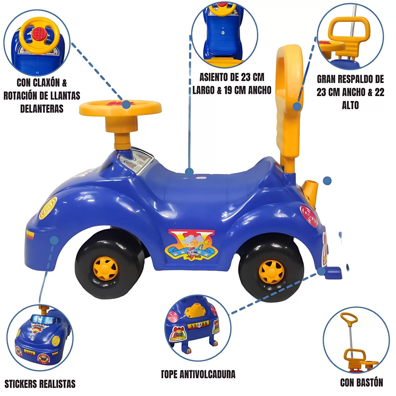 Coche Montable Correpasillos Deportivo con Respaldo y Claxon - Azul.