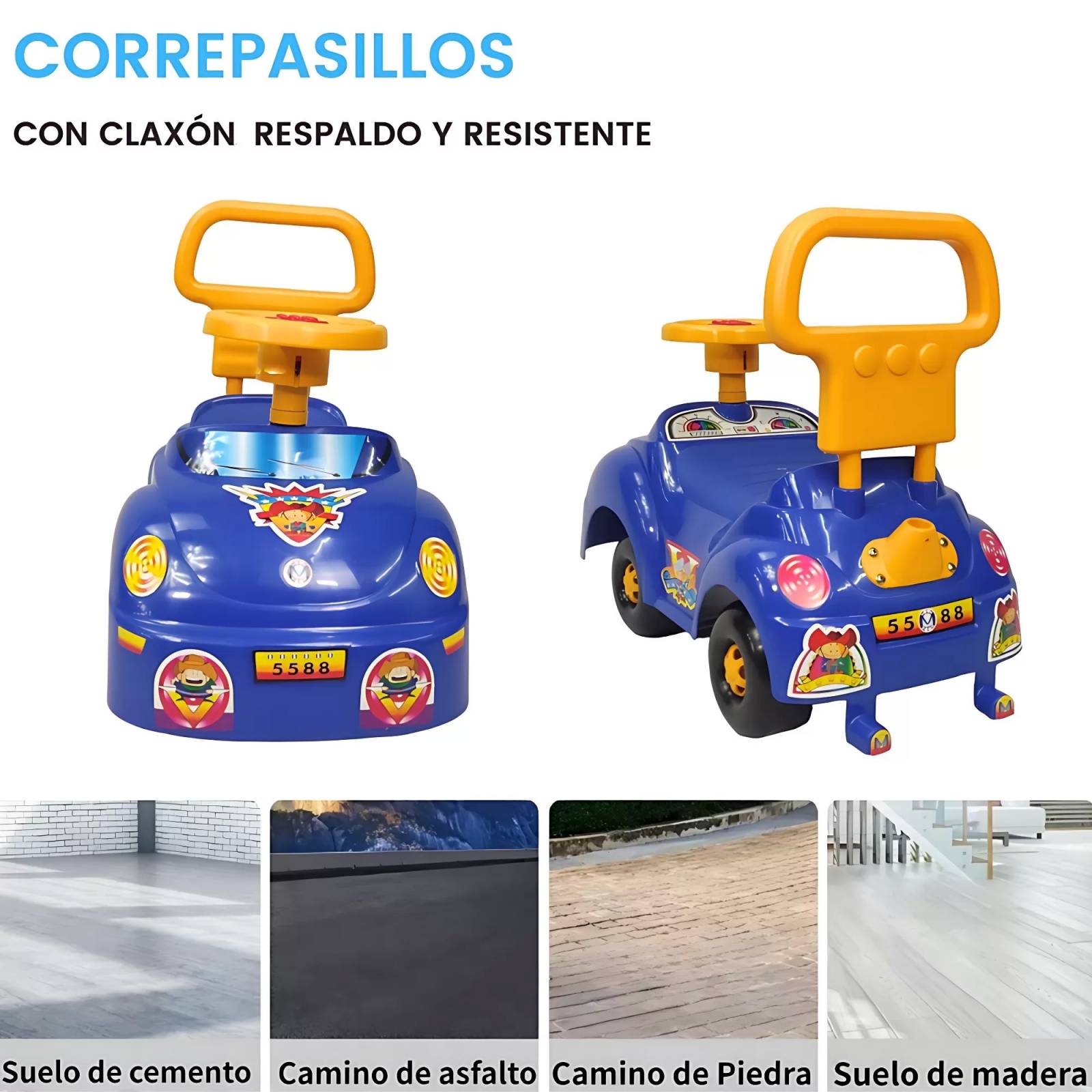 Coche Montable Correpasillos Deportivo con Respaldo y Claxon - Azul.