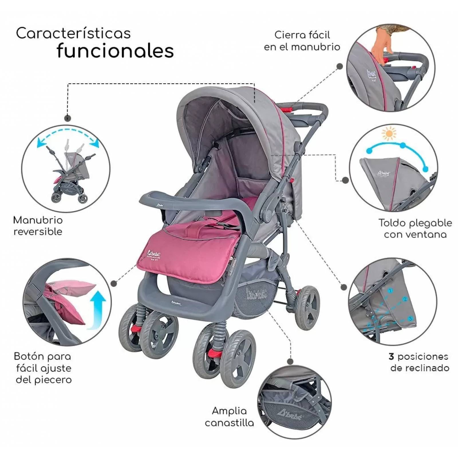 Carriola para Bebé de Viaje Autoasiento,Reversible,Reclinable  - Rosa