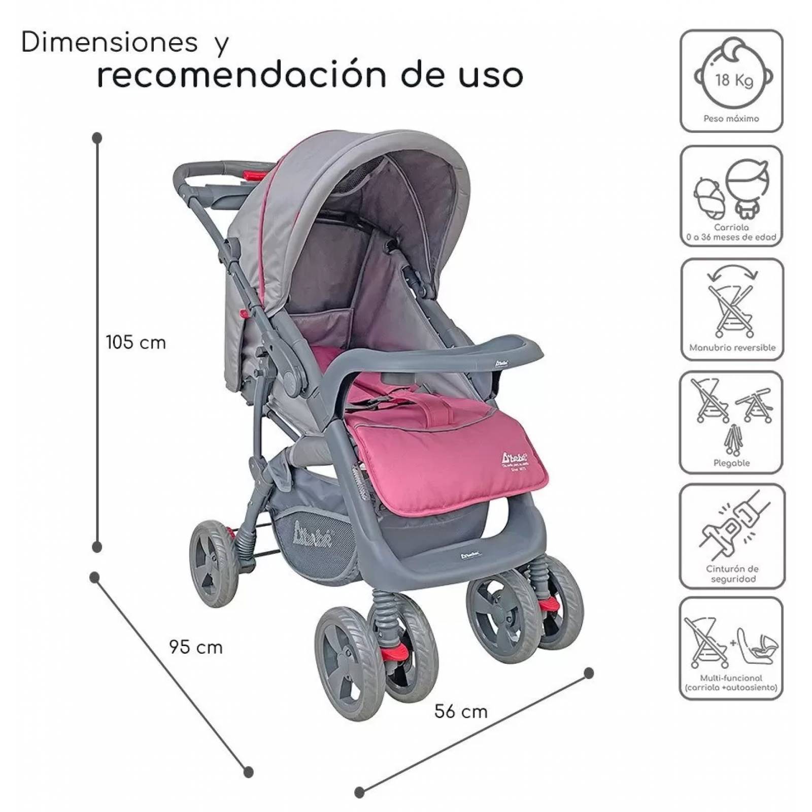 Carriola para Bebé de Viaje Autoasiento,Reversible,Reclinable  - Rosa