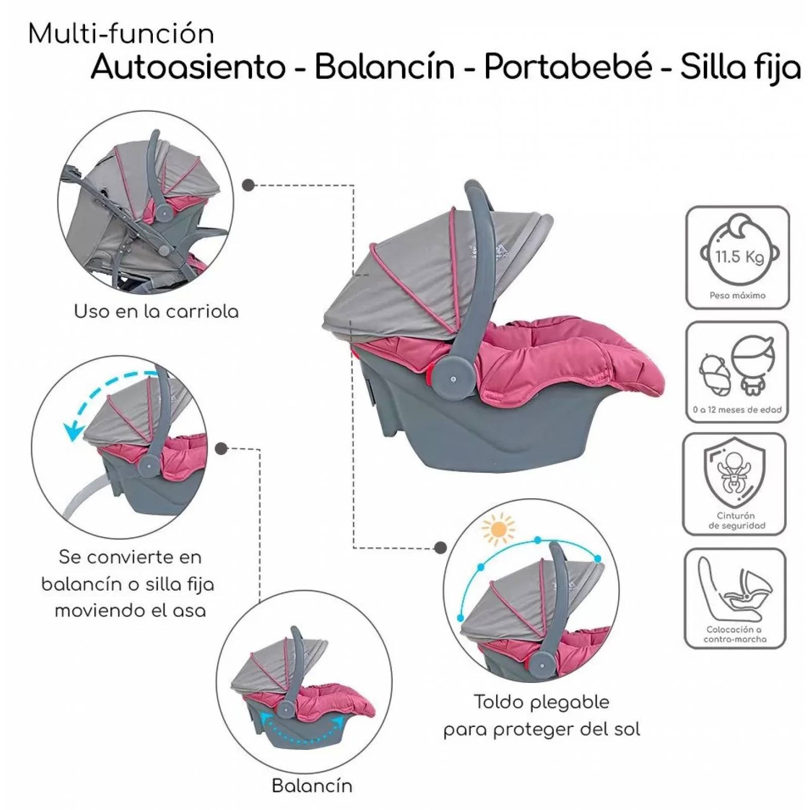Carriola para Bebé de Viaje Autoasiento,Reversible,Reclinable  - Rosa