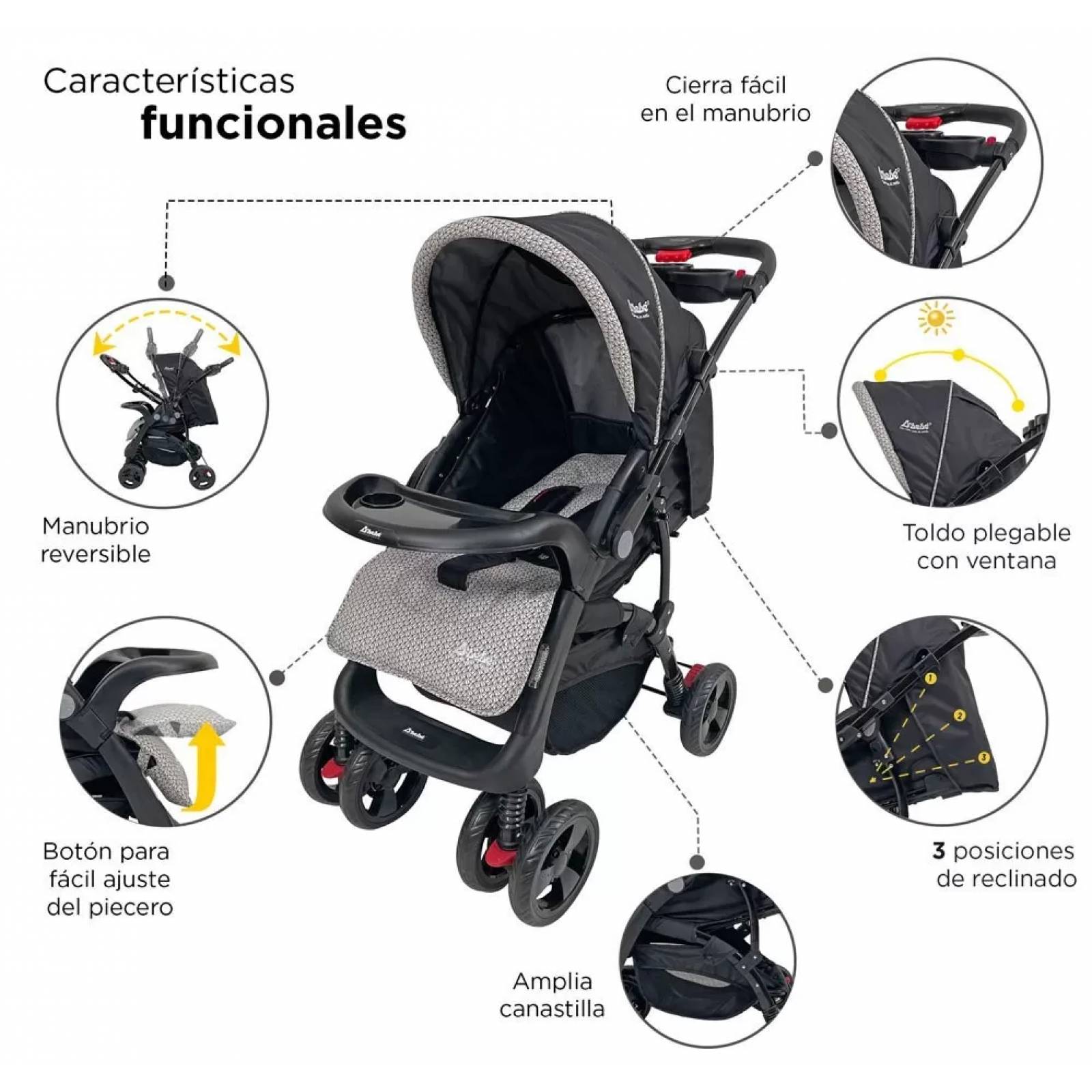 Carriola para Bebé de Viaje Autoasiento,Reversible,Reclinable  - Negro.