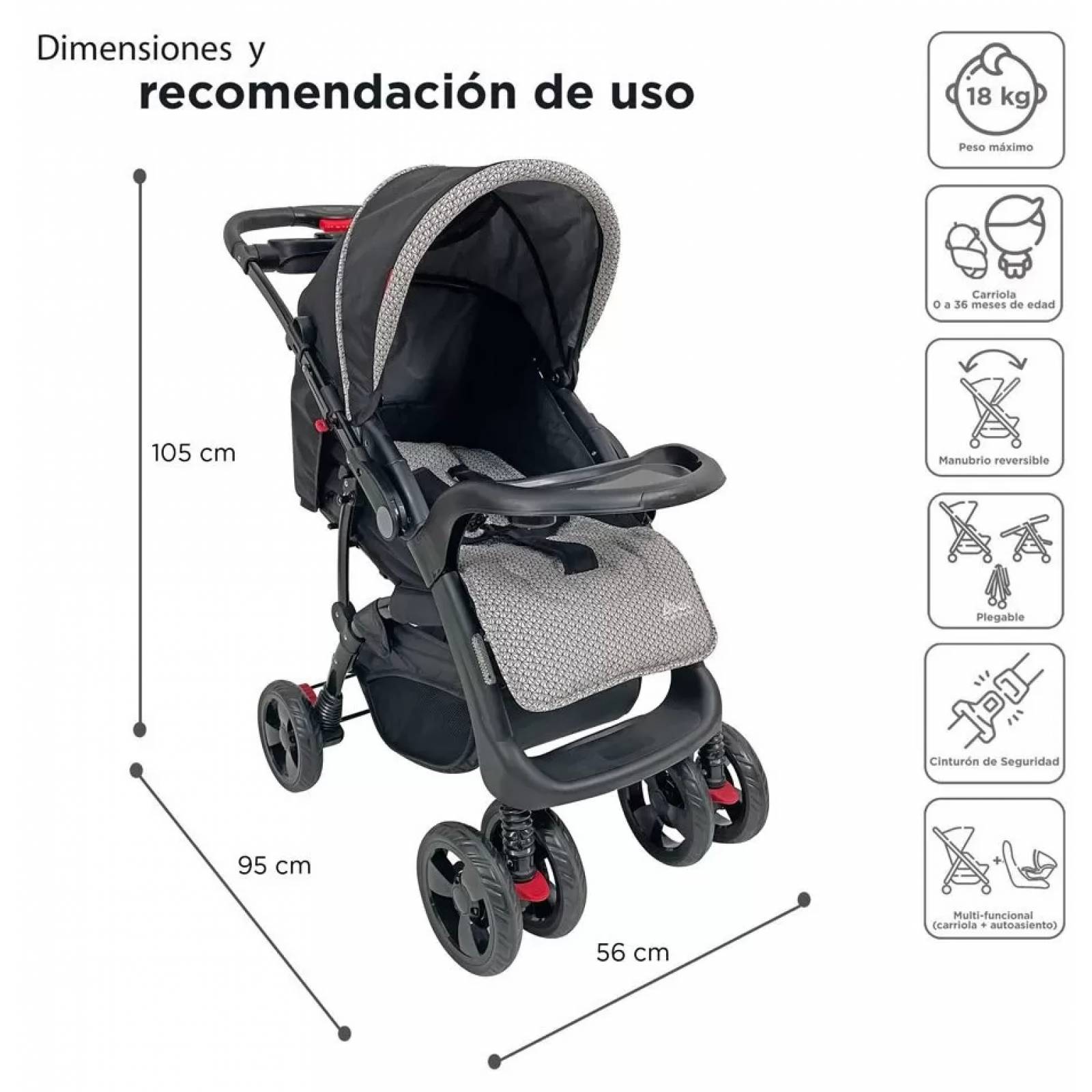Carriola para Bebé de Viaje Autoasiento,Reversible,Reclinable  - Negro.