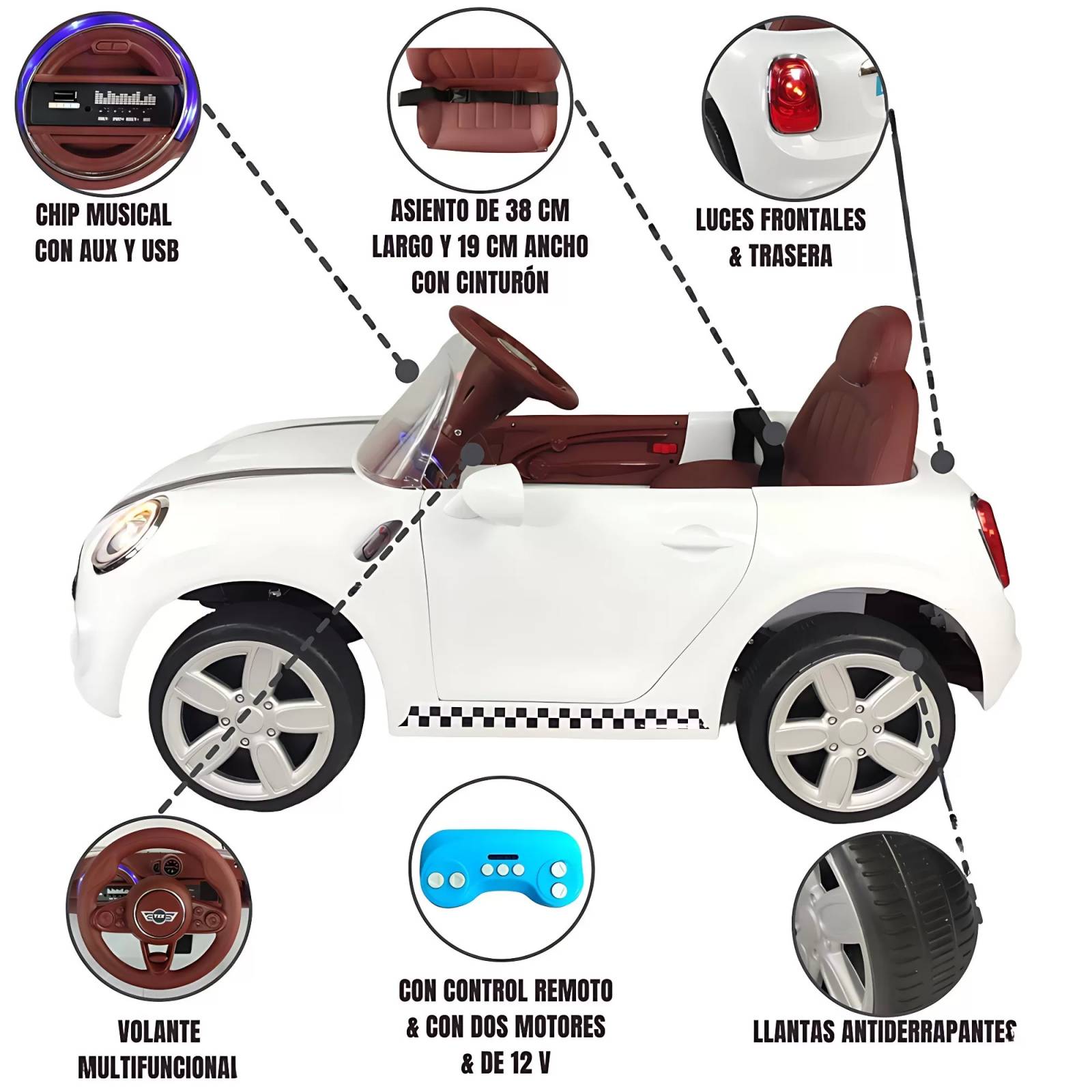 Carro eléctrico para niños con control remoto 12V cooper  - Blanco.