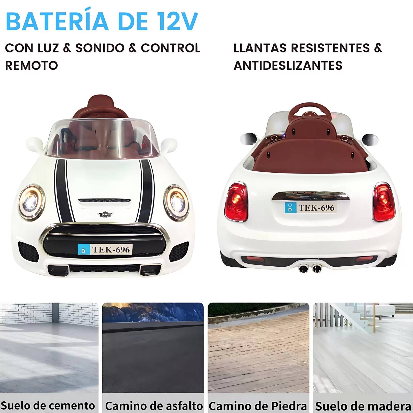 Carro eléctrico para niños con control remoto 12V cooper  - Blanco.
