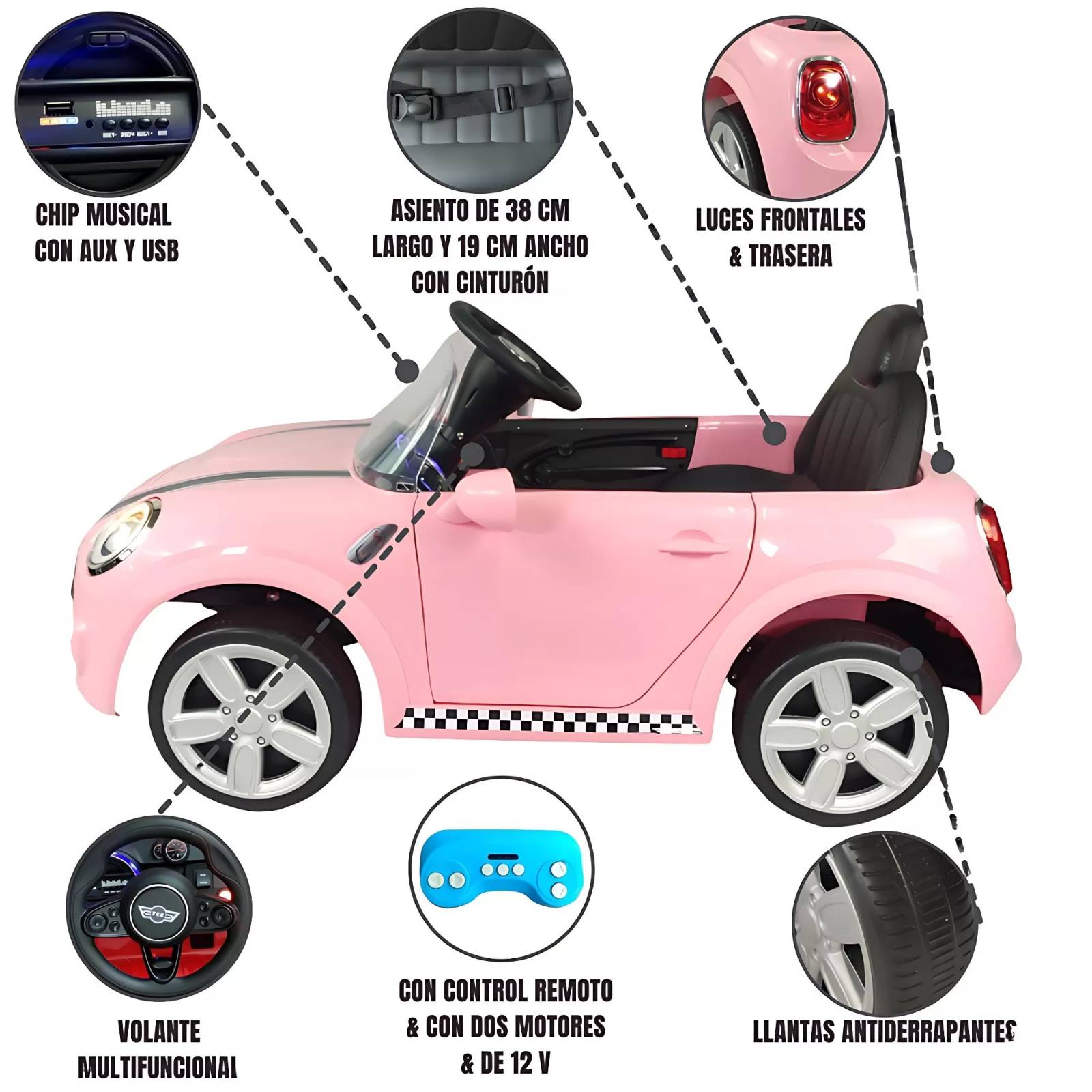 Carro eléctrico para niños con control remoto 12V cooper  - Rosa