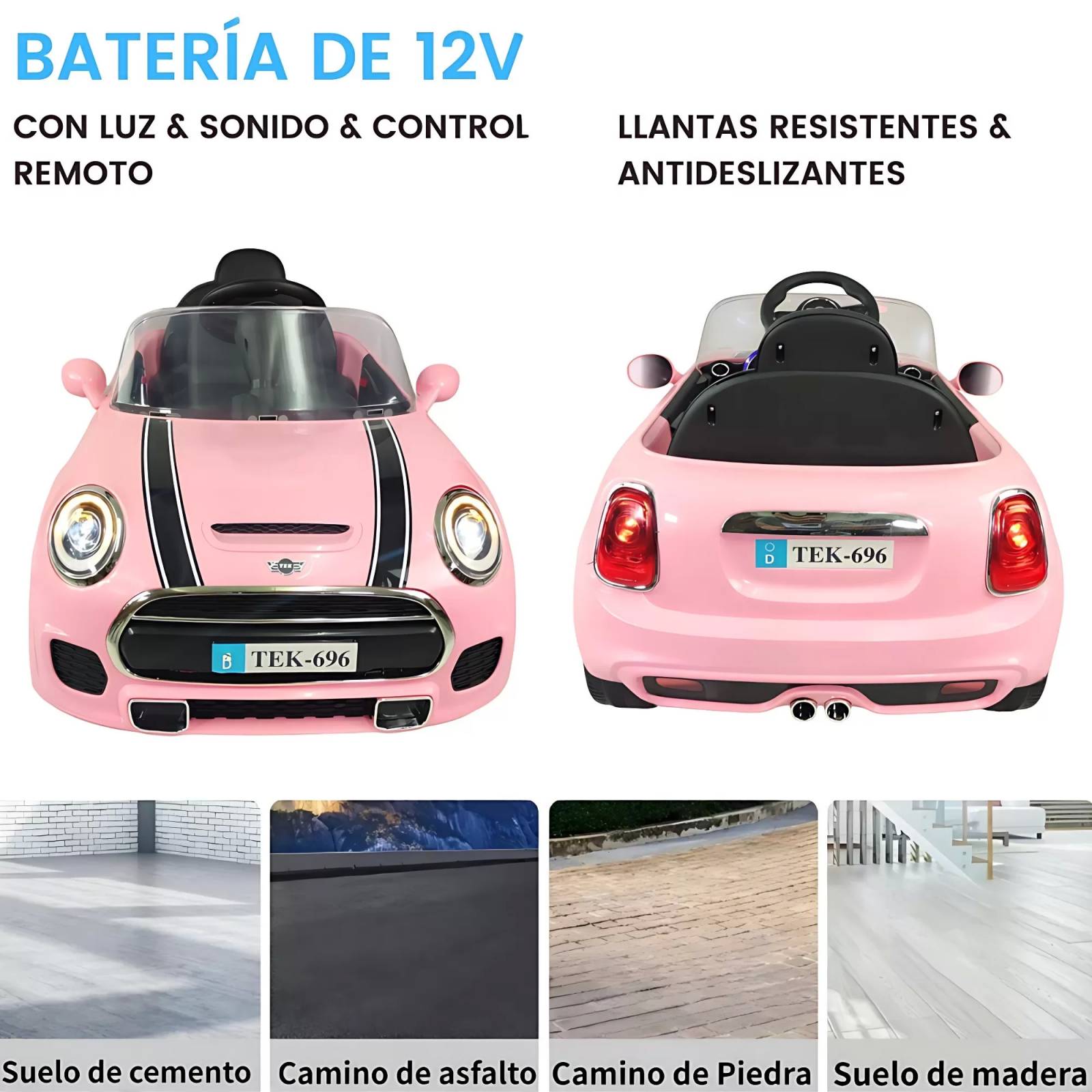 Carro eléctrico para niños con control remoto 12V cooper  - Rosa