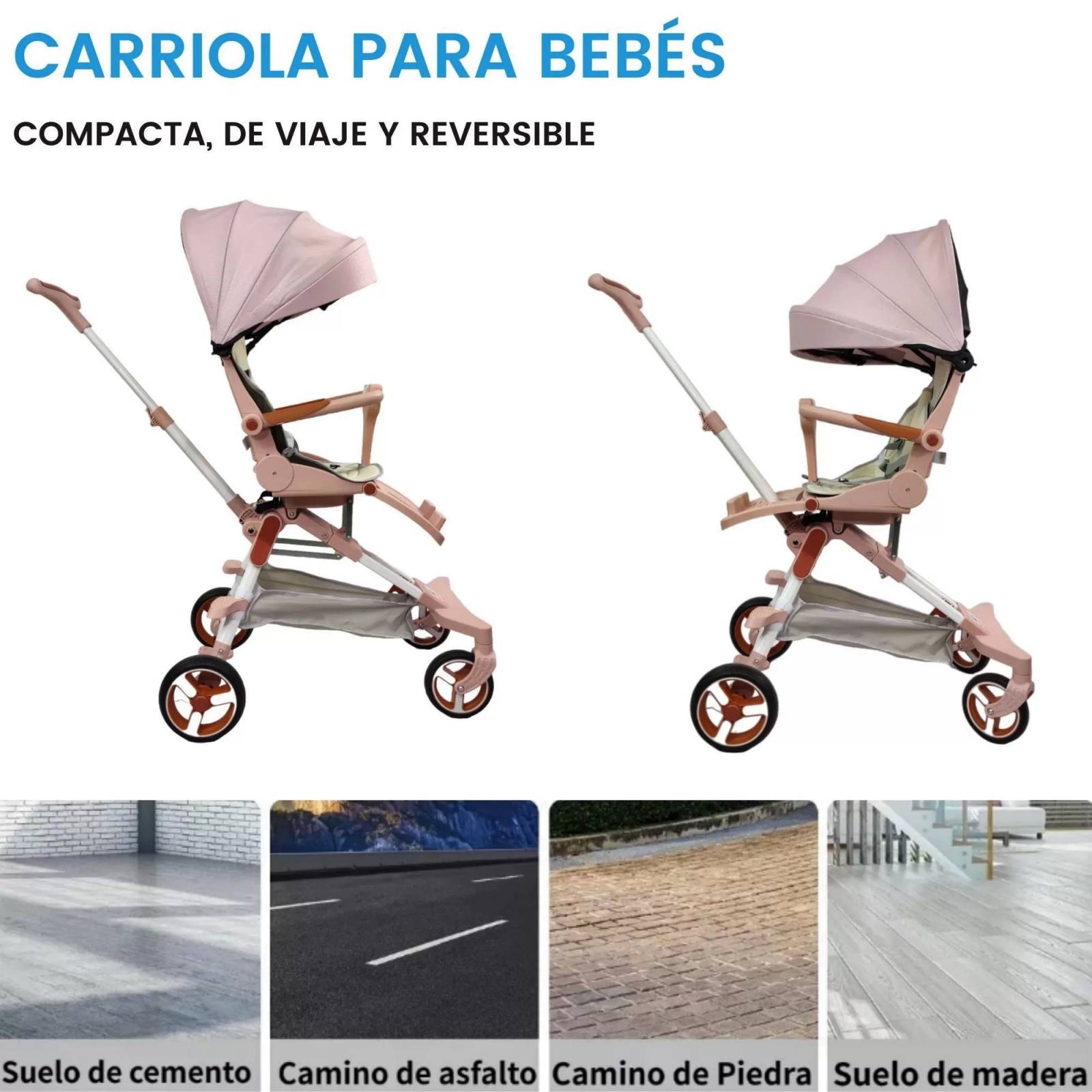 Carriola para Bebe Moderna Giratorio,Frenos,Plegable,Reclinable  - Rosa