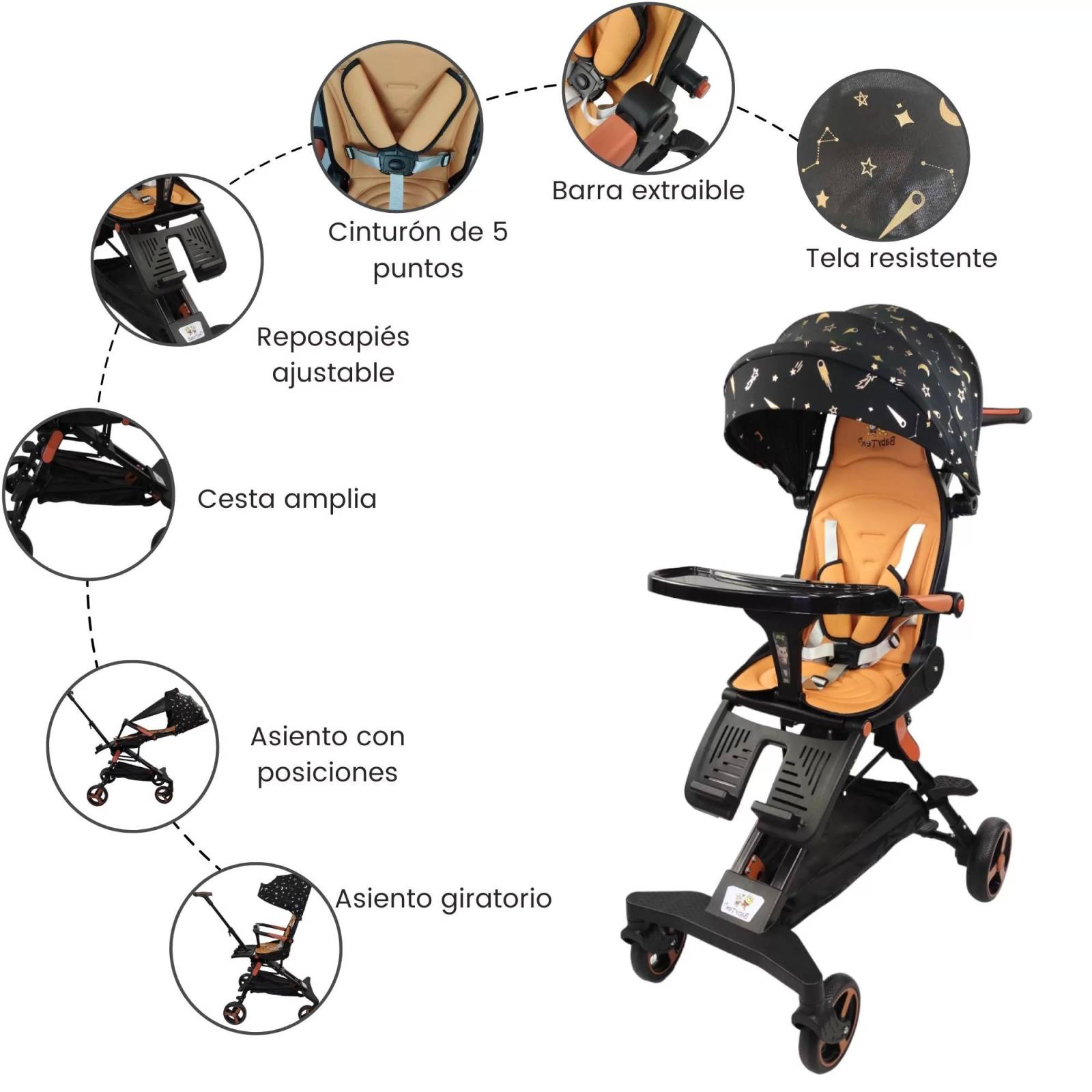 Carriola para Bebe Moderna Giratorio,Frenos,Plegable,Reclinable  - Negro