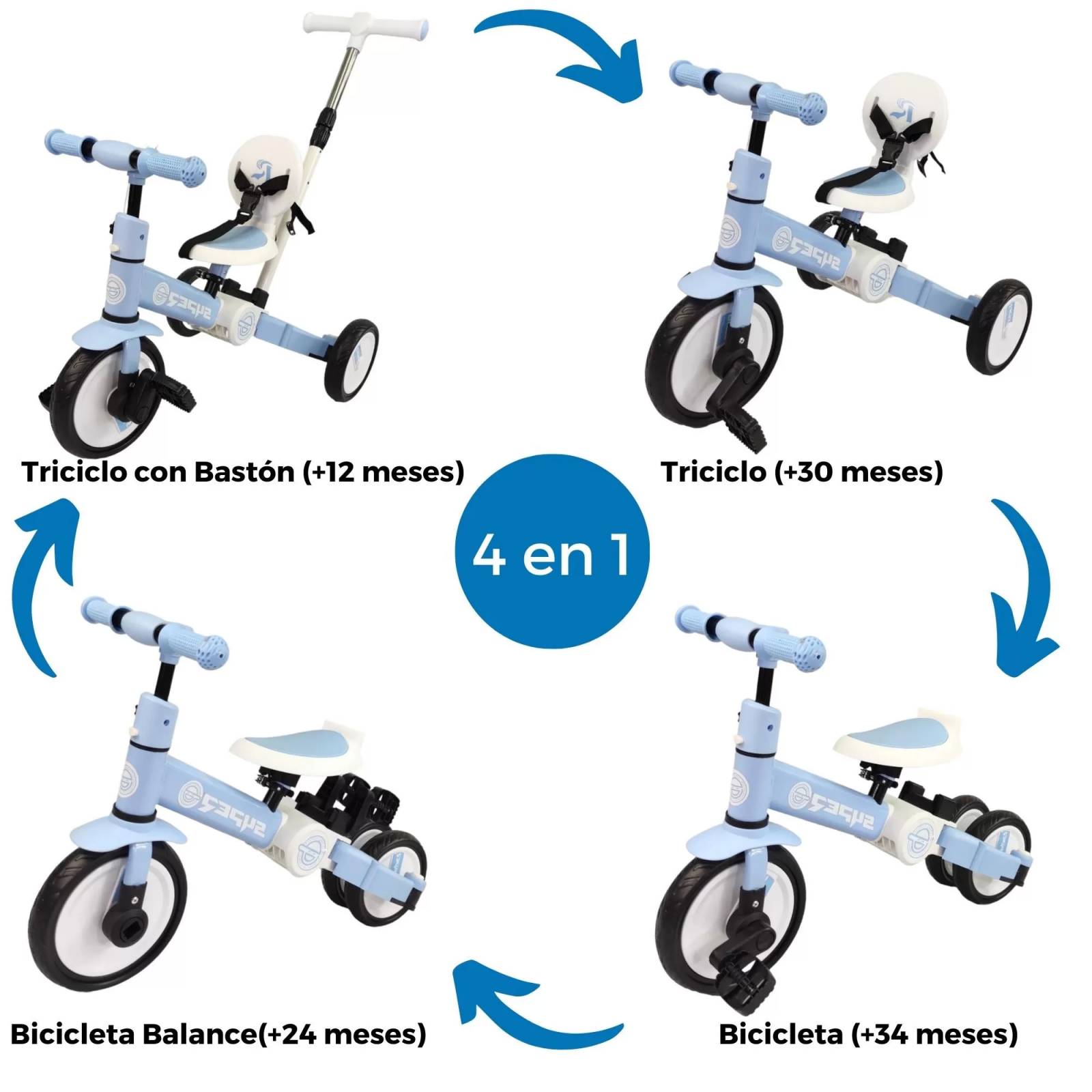 Triciclo para Niños 4 en 1 Bicicleta de Equilibrio y Balance  - Azul.