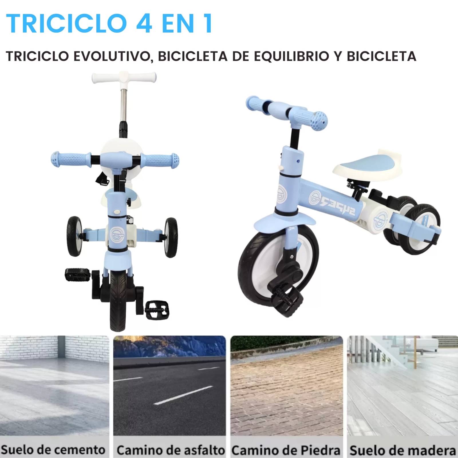 Triciclo para Niños 4 en 1 Bicicleta de Equilibrio y Balance  - Azul.