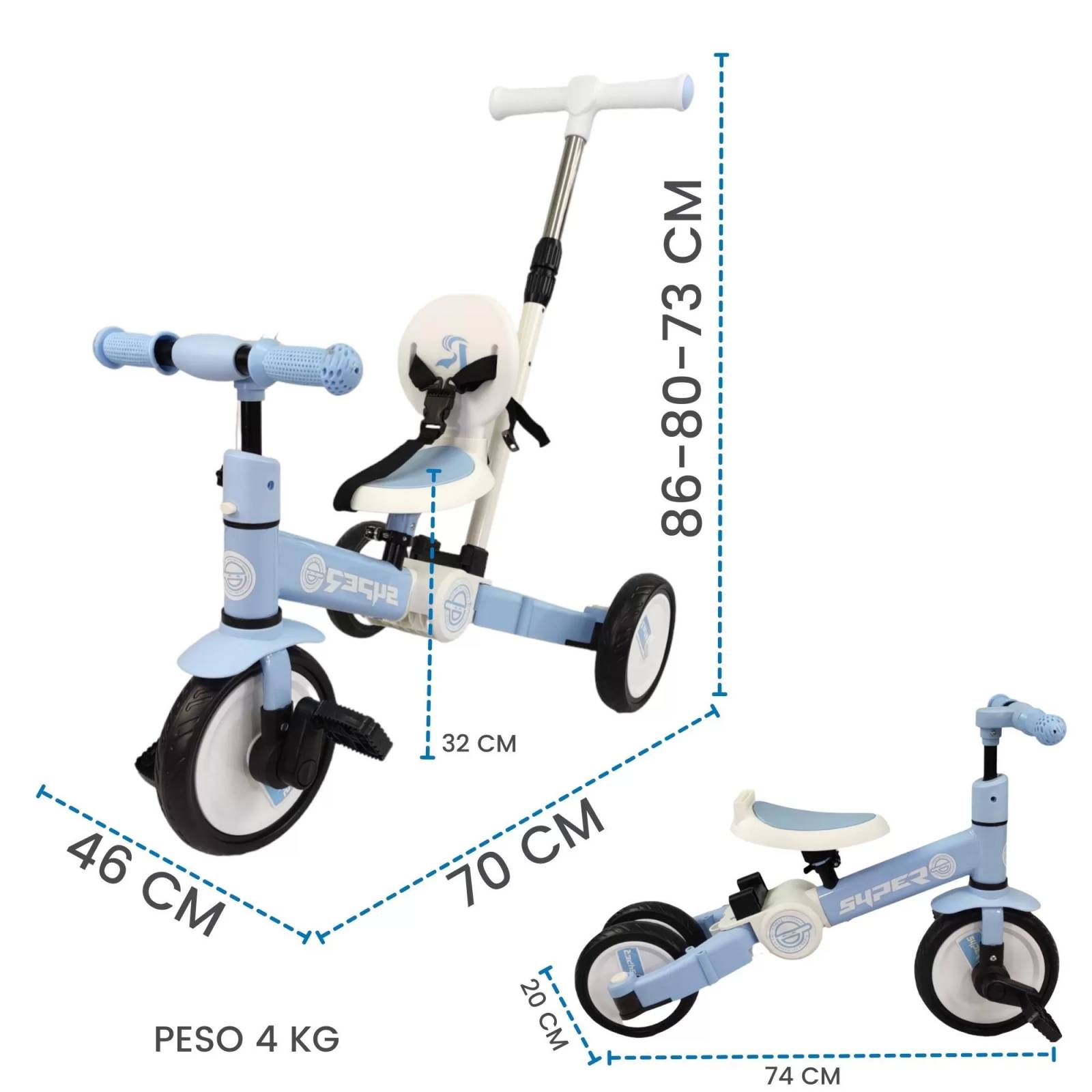 Triciclo para Niños 4 en 1 Bicicleta de Equilibrio y Balance  - Azul.