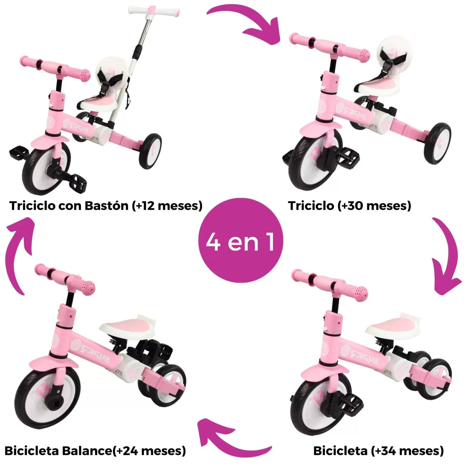 Triciclo para Niños 4 en 1 Bicicleta de Equilibrio y Balance - Rosa.