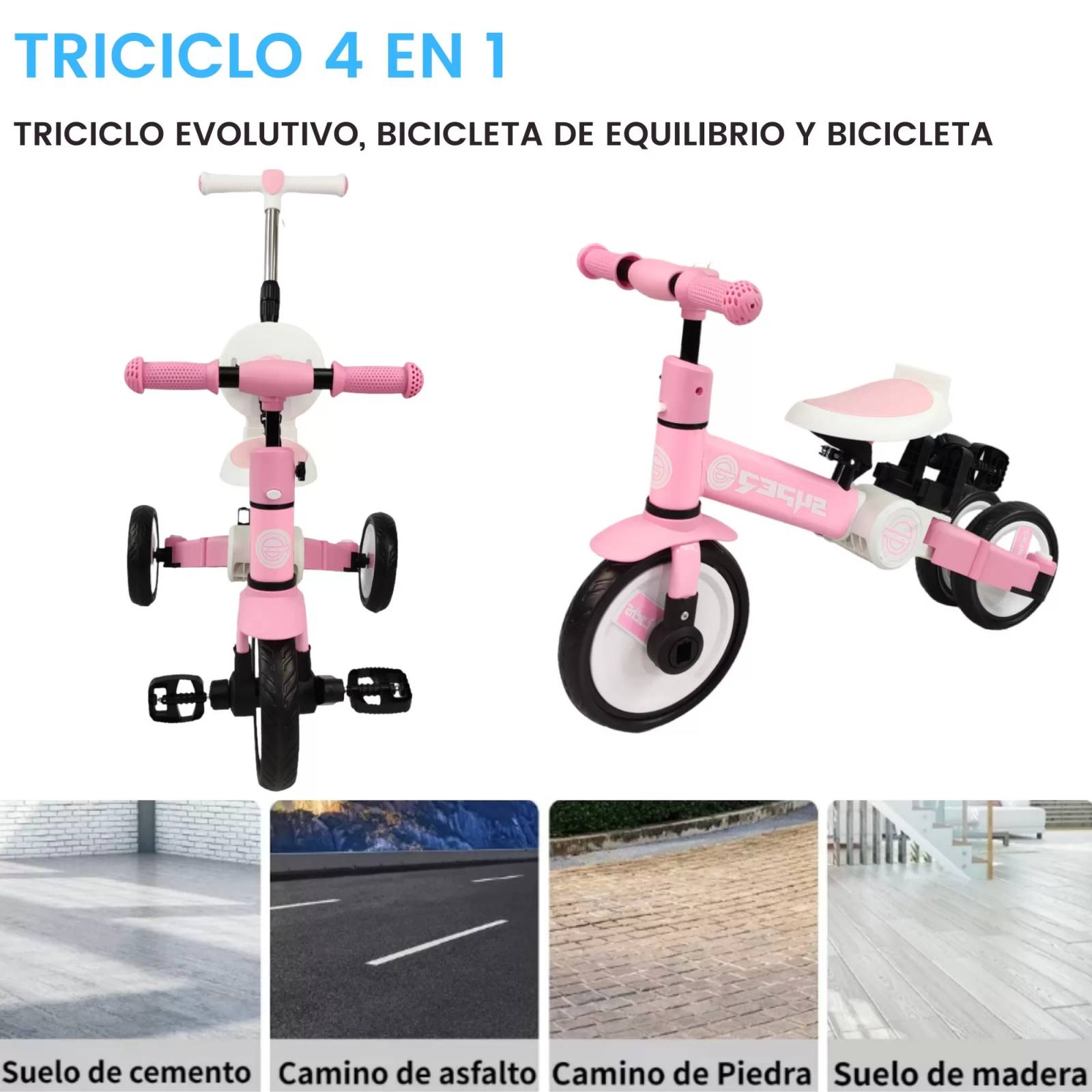 Triciclo para Niños 4 en 1 Bicicleta de Equilibrio y Balance - Rosa.