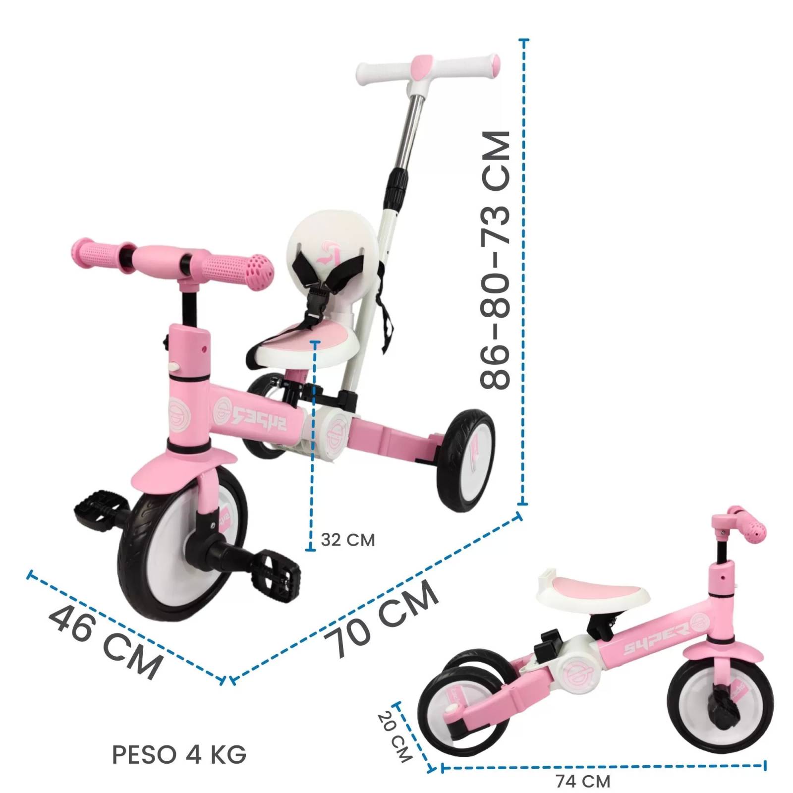 Triciclo para Niños 4 en 1 Bicicleta de Equilibrio y Balance - Rosa.